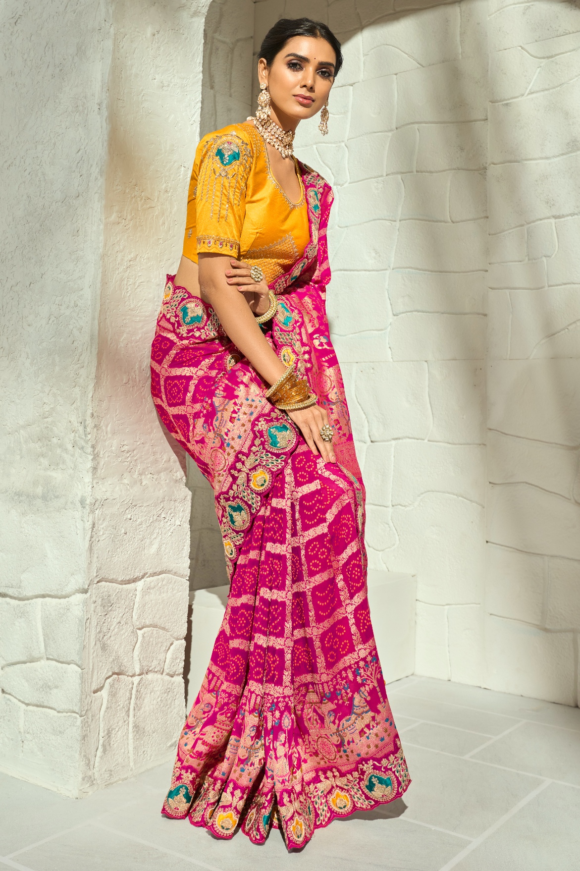 Rani Pink Mustard Bandhej Cut-Dana Work Georgette Saree