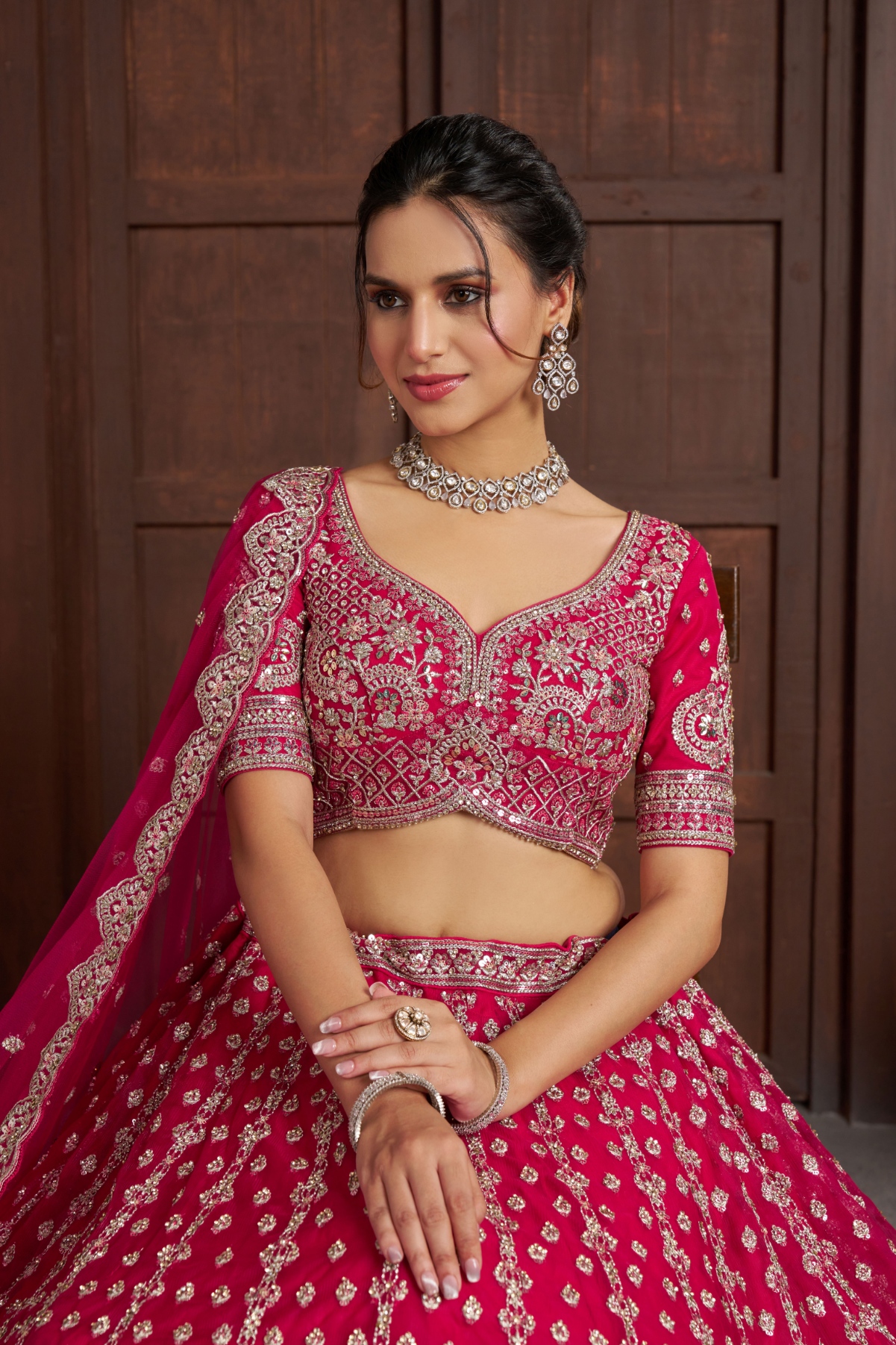Rani Pink Net Embroidered Bridal Lehenga Choli