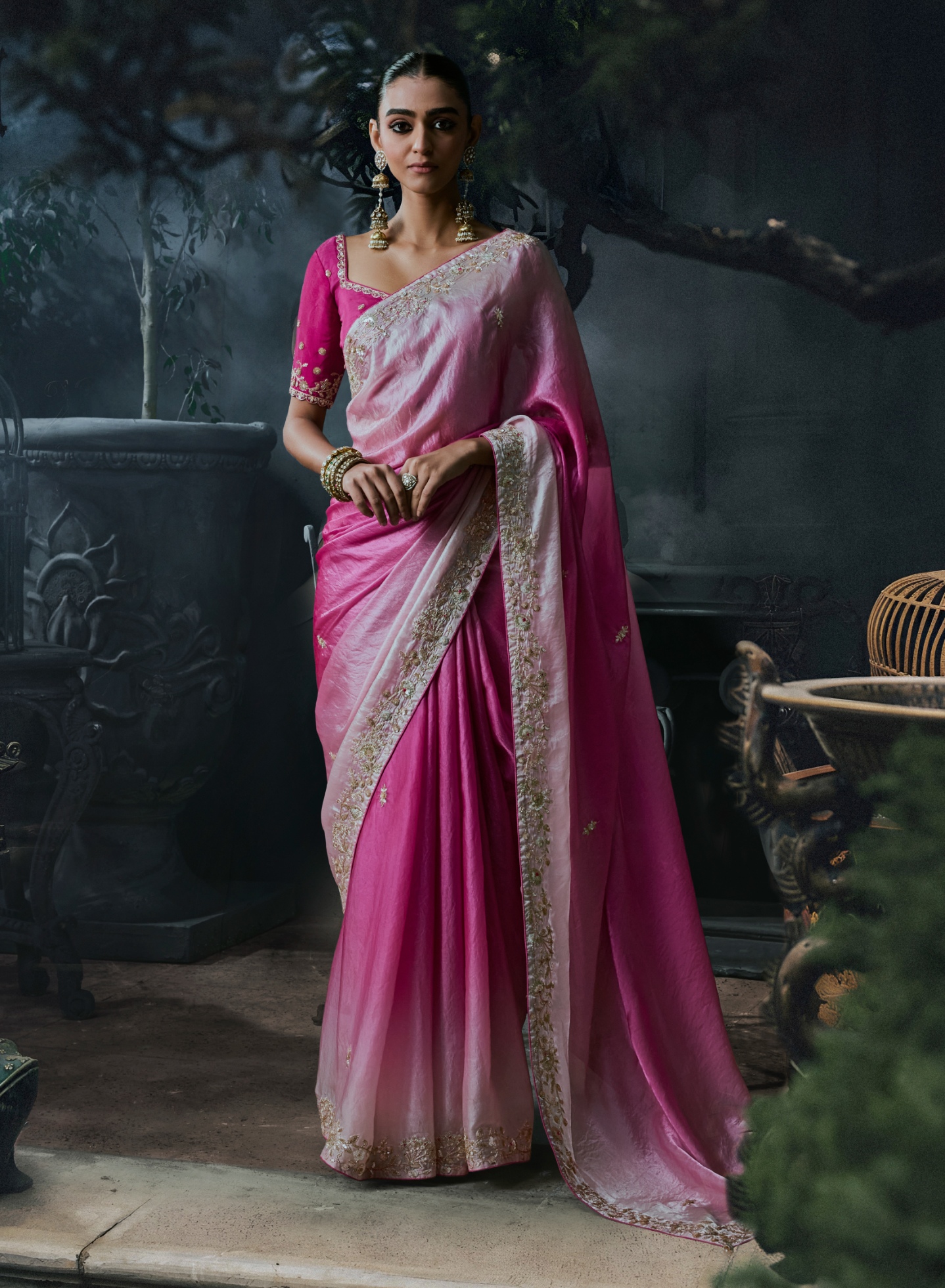 Rani Pink Ombre Embroidery Tissue Silk Saree