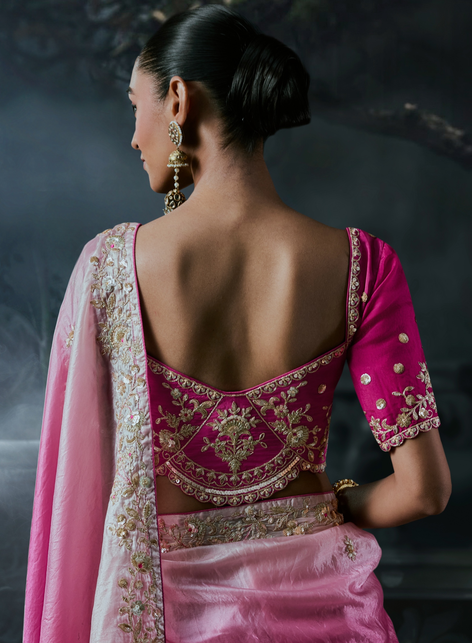 Rani Pink Ombre Embroidery Tissue Silk Saree — alternate view