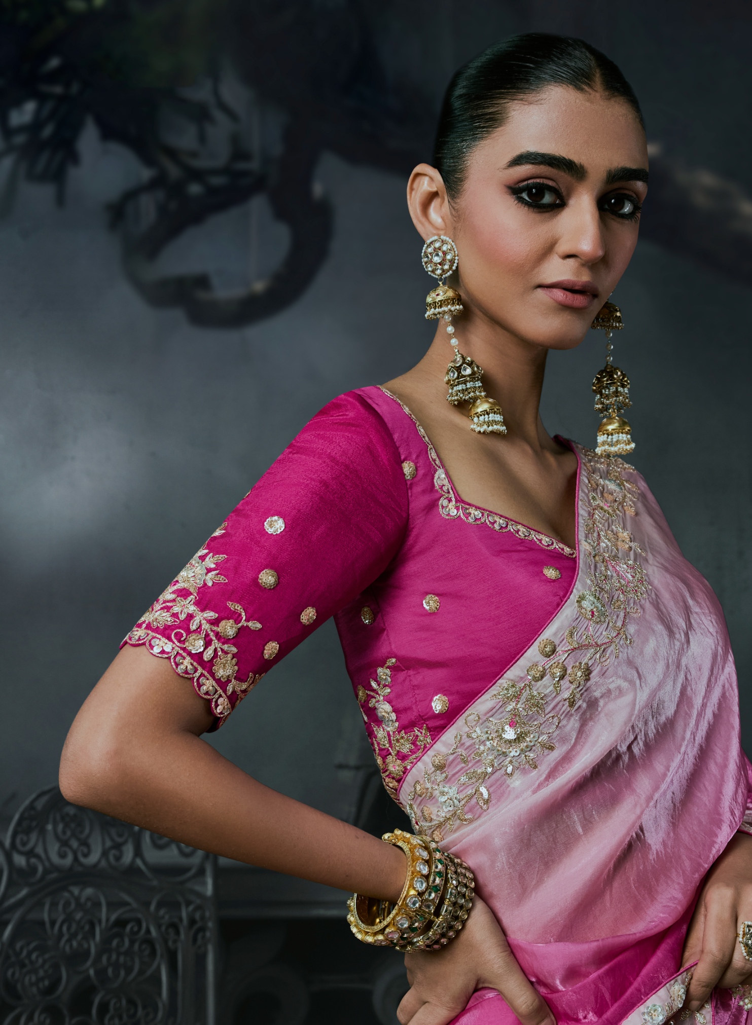 Rani Pink Ombre Embroidery Tissue Silk Saree