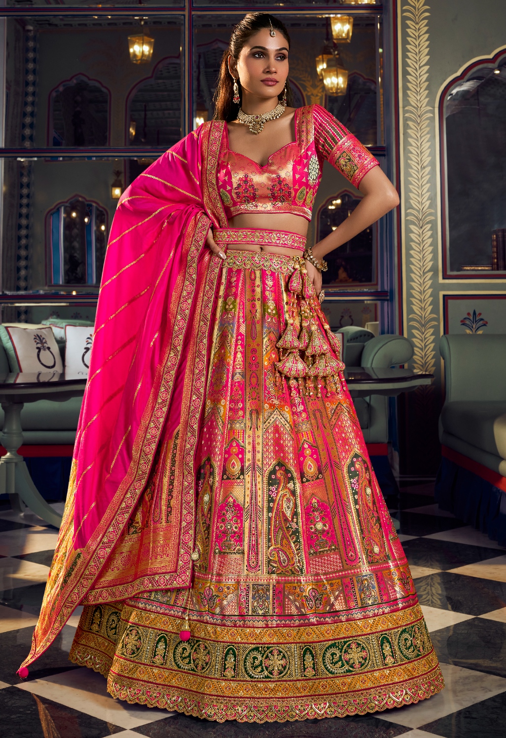 Rani Pink Paisley Embroidery Banarasi Premium Silk Lehenga Choli