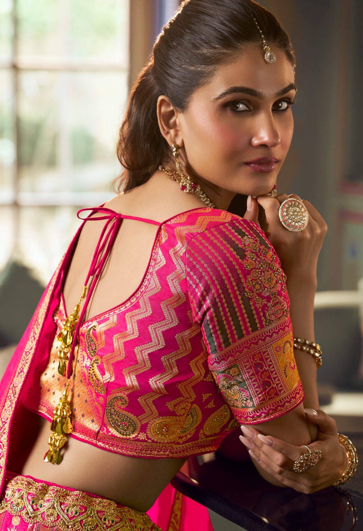 Rani Pink Paisley Embroidery Banarasi Premium Silk Lehenga Choli — alternate view