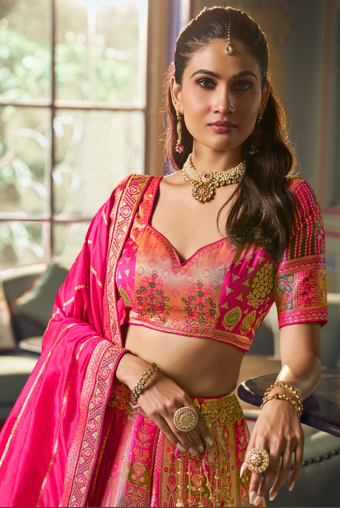Rani Pink Paisley Embroidery Banarasi Premium Silk Lehenga Choli