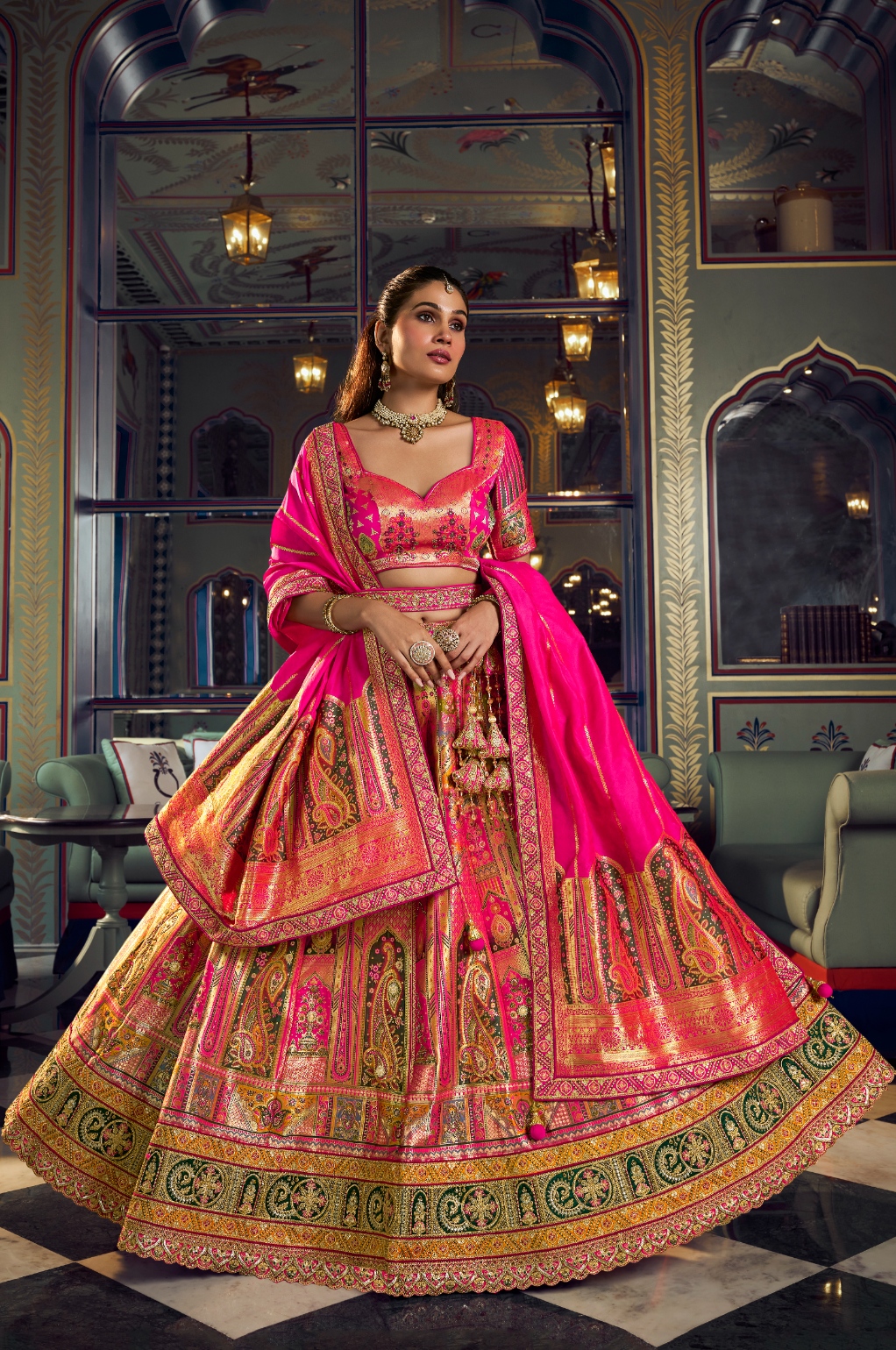 Rani Pink Paisley Embroidery Banarasi Premium Silk Lehenga Choli