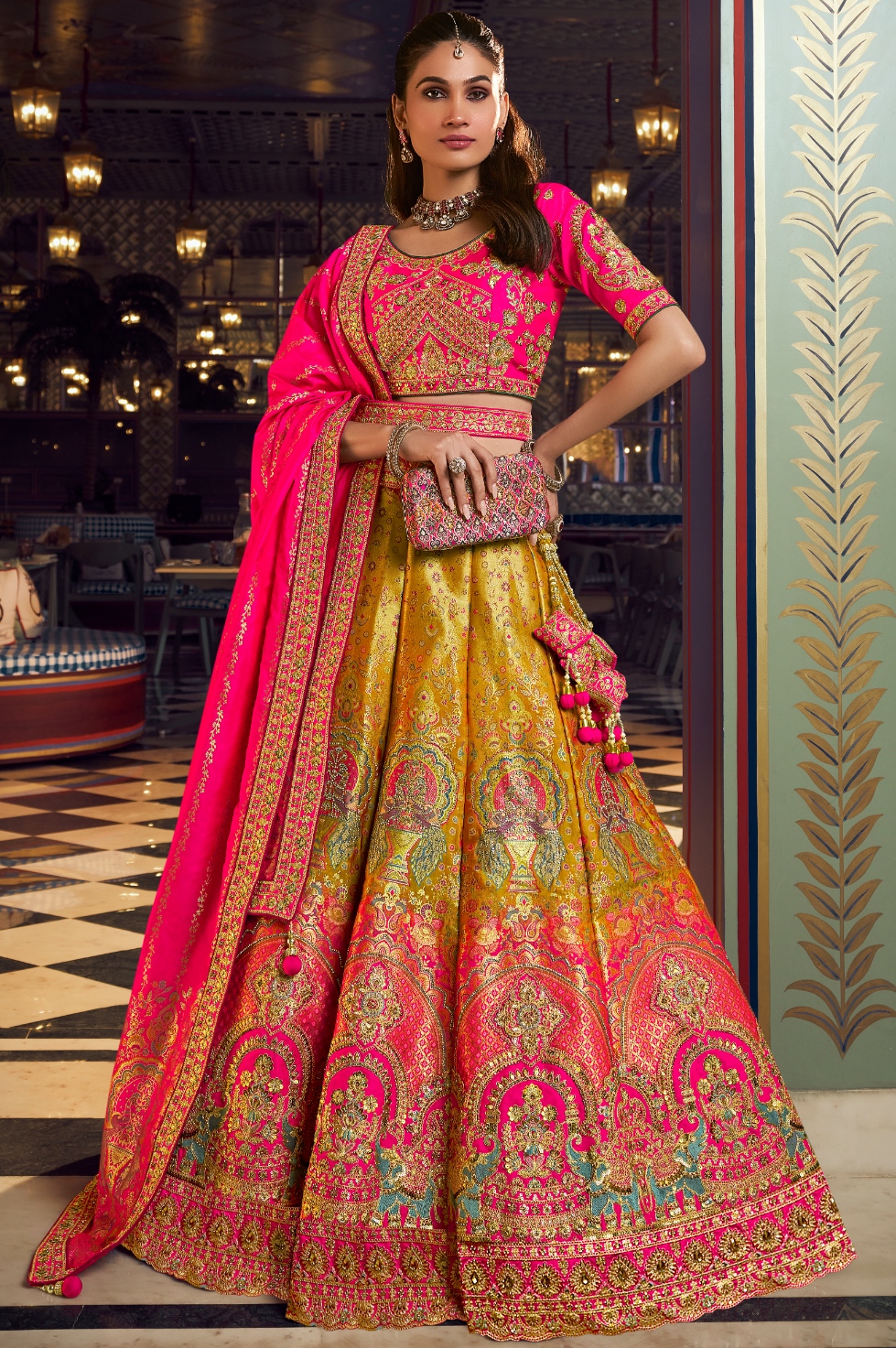 Rani Pink Paisley Embroidery Banarasi Silk Lehenga Choli