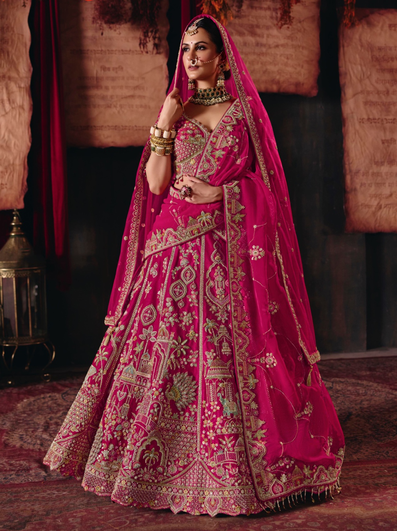 Rani Pink Paisley Silk Flared Lehenga Choli