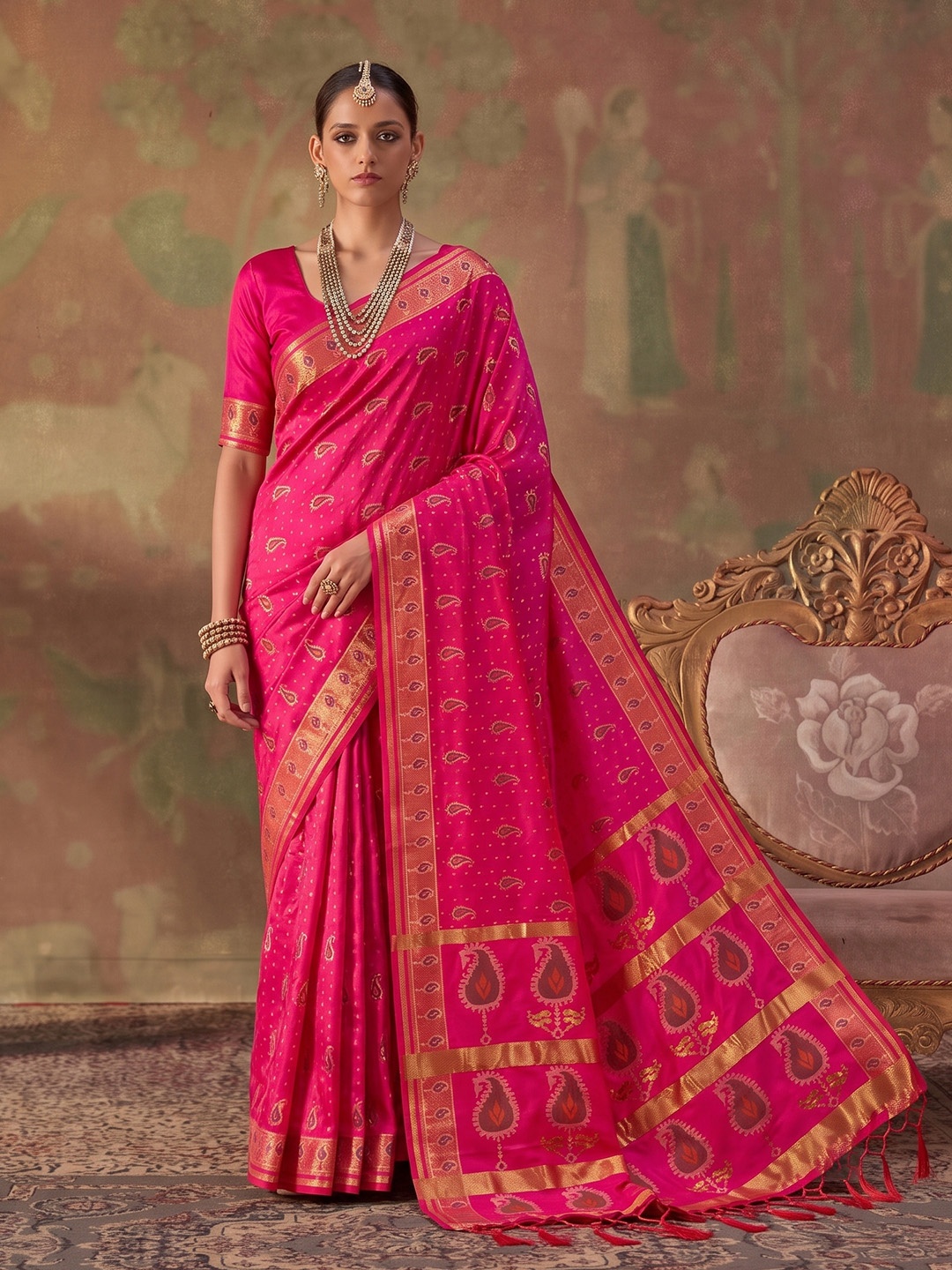 Rani Pink Paisley Woven Soft Silk Saree