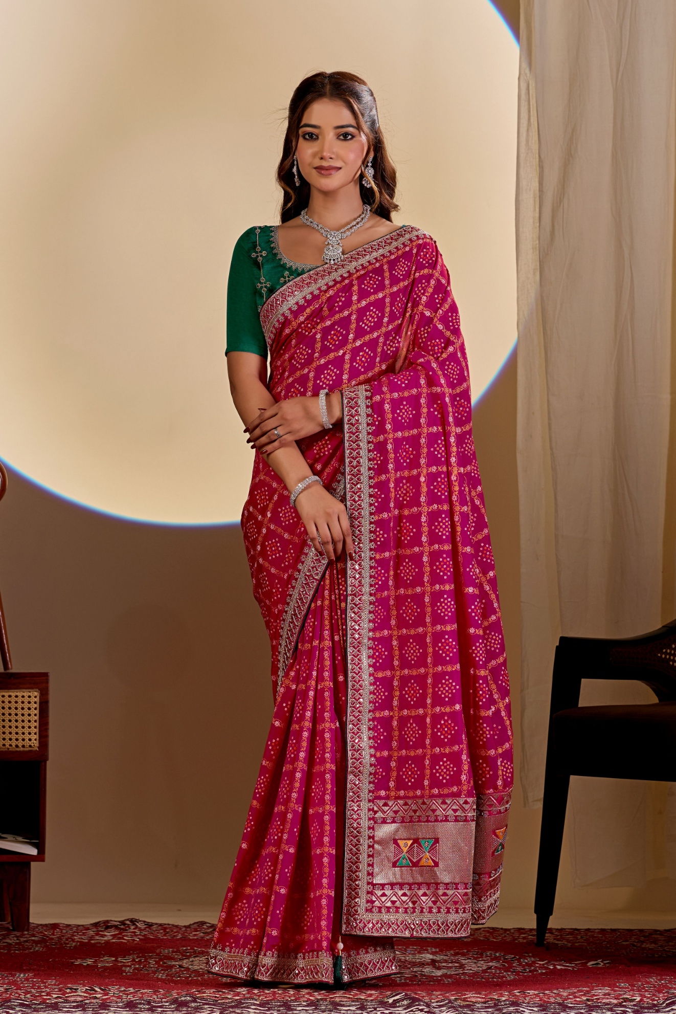 Rani Pink Printed Vichitra Saree