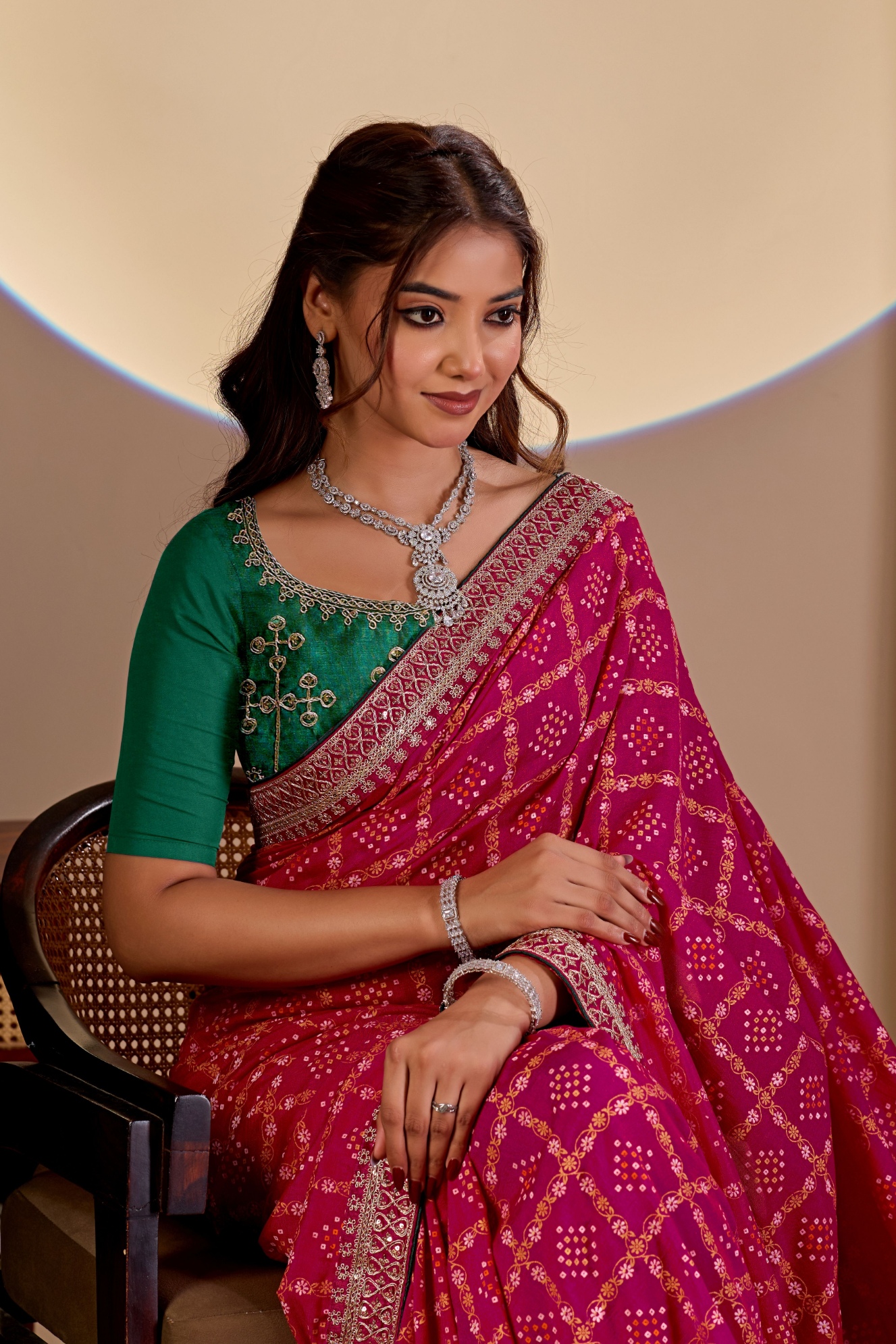 Rani Pink Printed Vichitra Saree