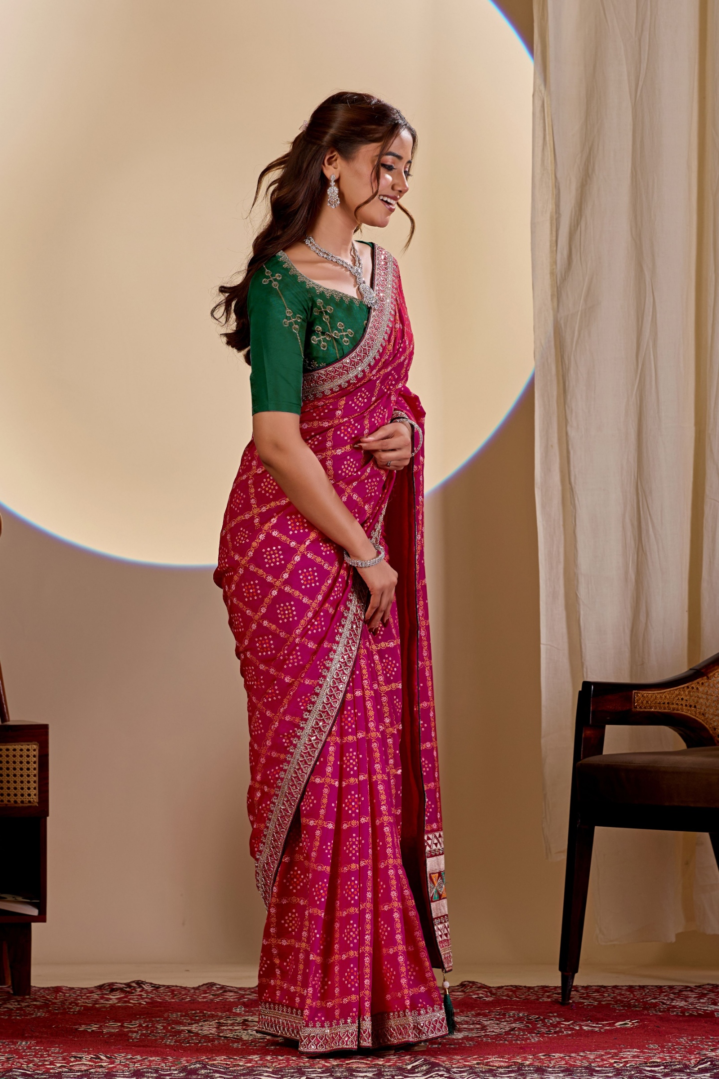 Rani Pink Printed Vichitra Saree