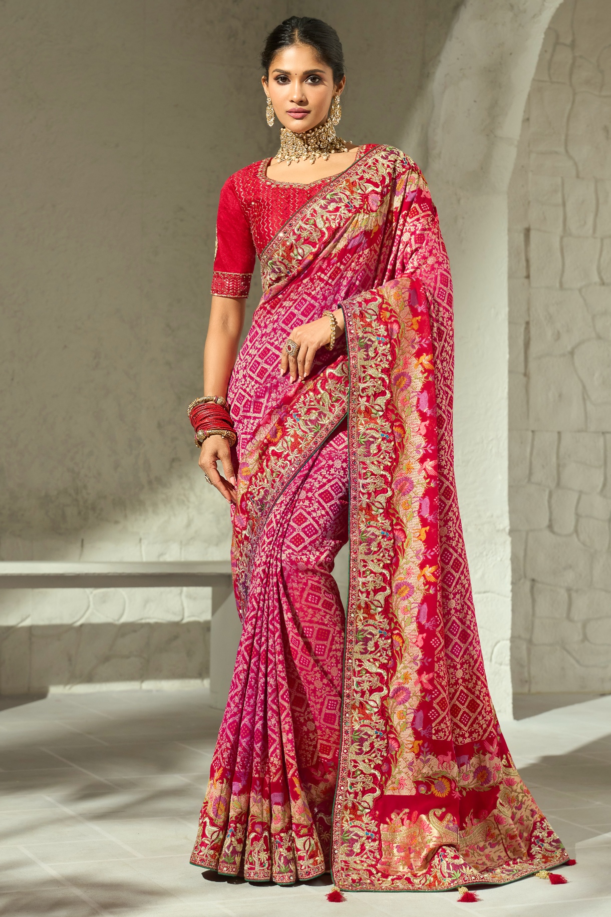 Rani Pink Red Bandhej Moti Work Georgette Saree