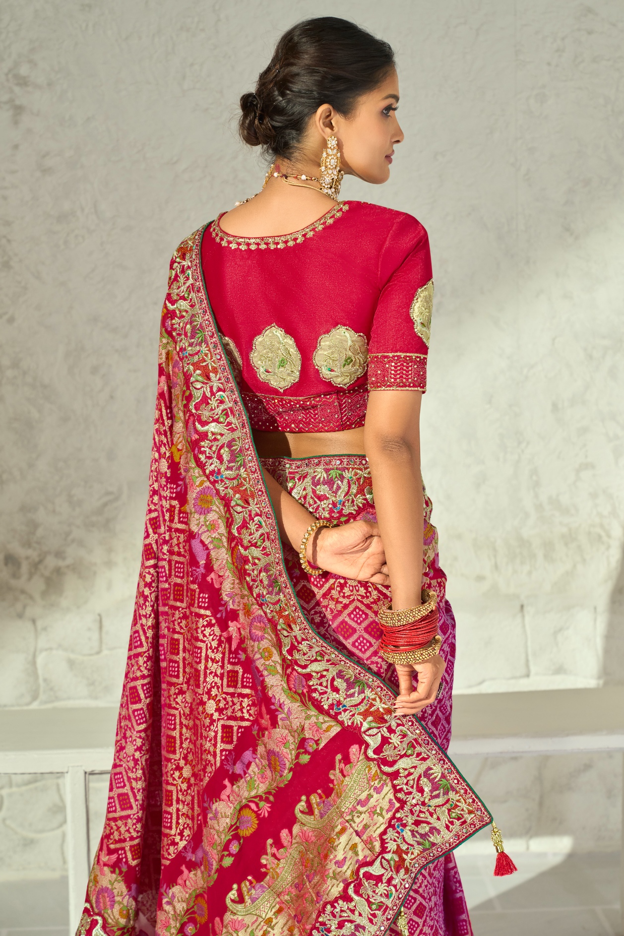 Rani Pink Red Bandhej Moti Work Georgette Saree — alternate view