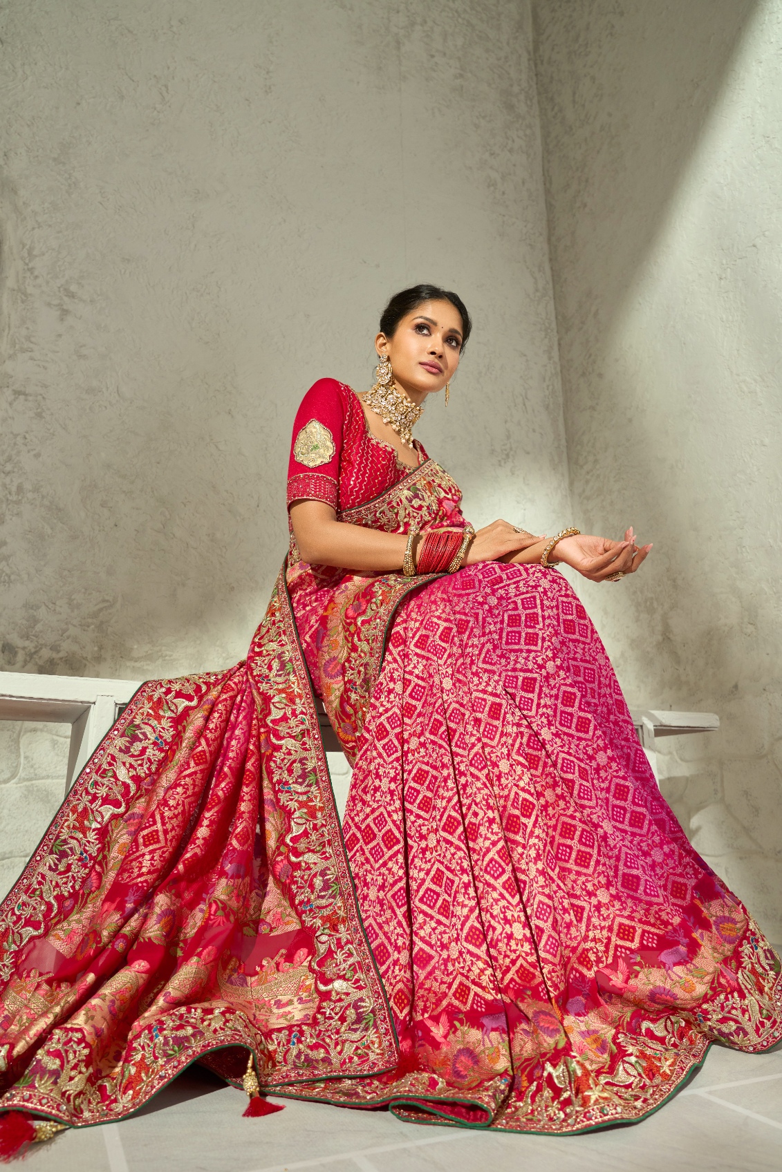 Rani Pink Red Bandhej Moti Work Georgette Saree