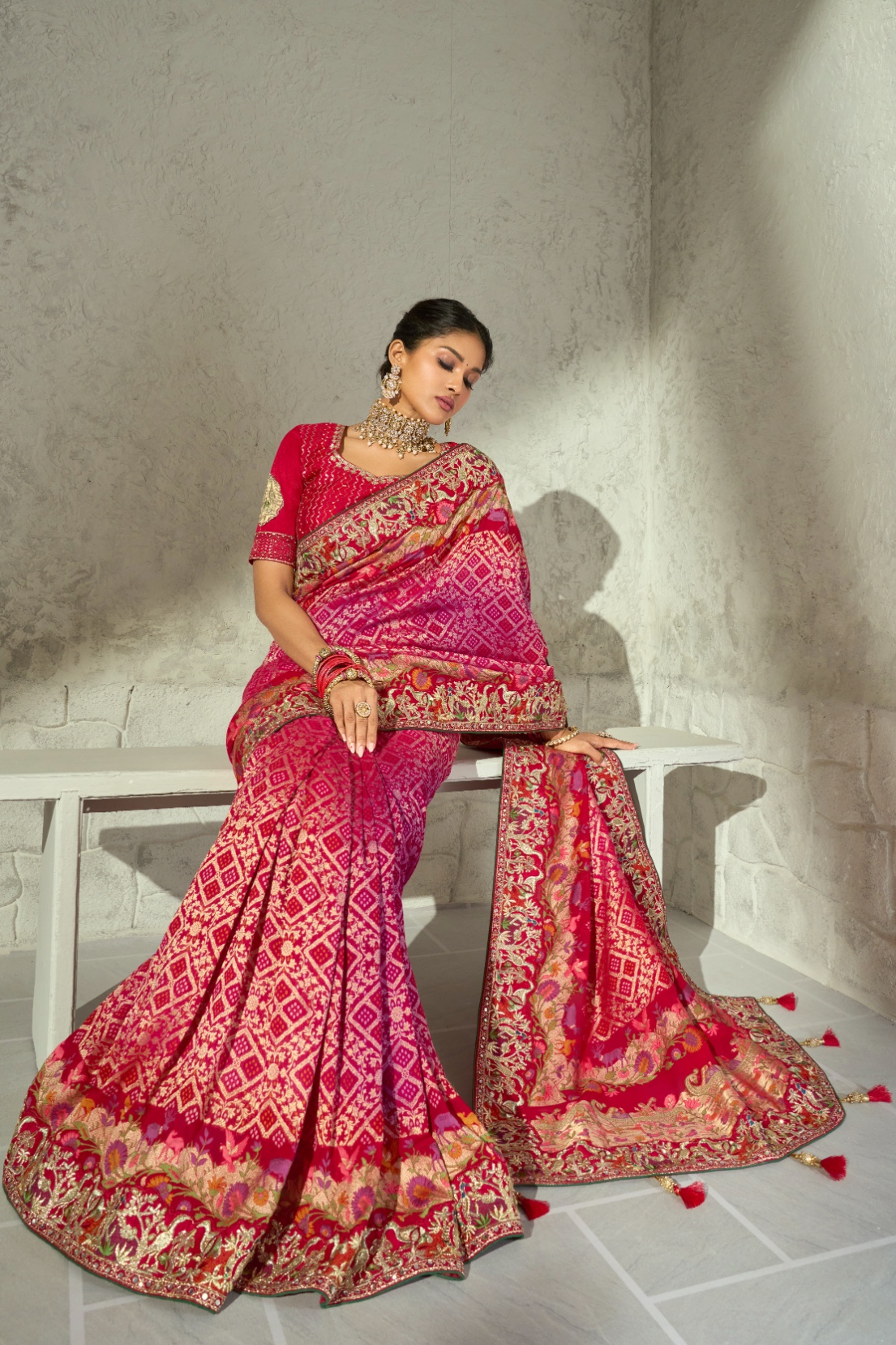 Rani Pink Red Bandhej Moti Work Georgette Saree