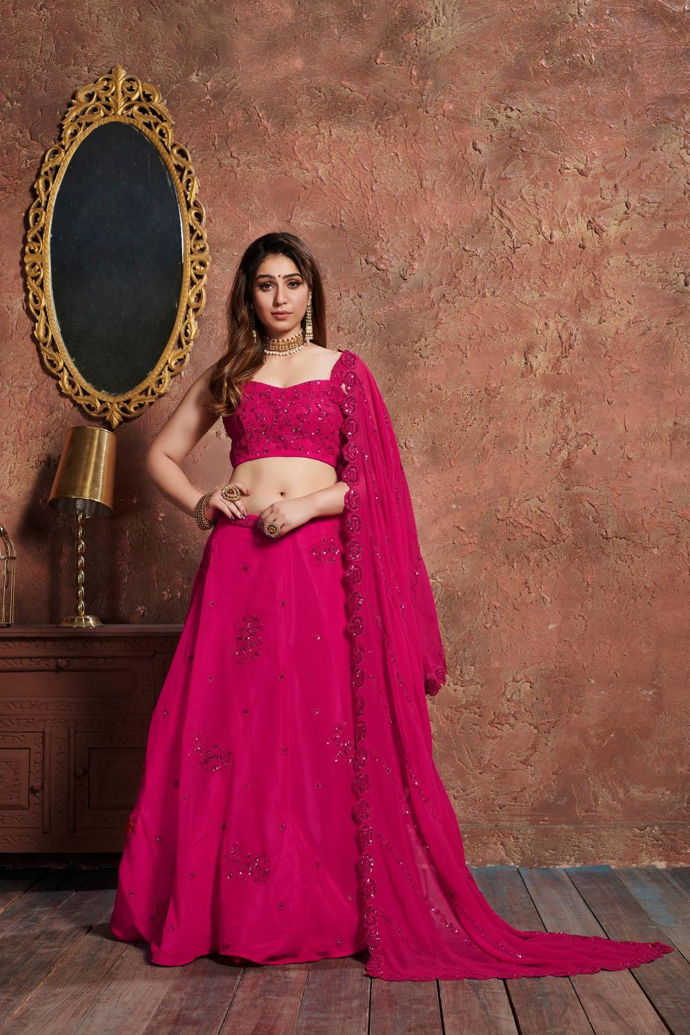 Rani Pink Sequins Embroidered Georgette Lehenga Choli