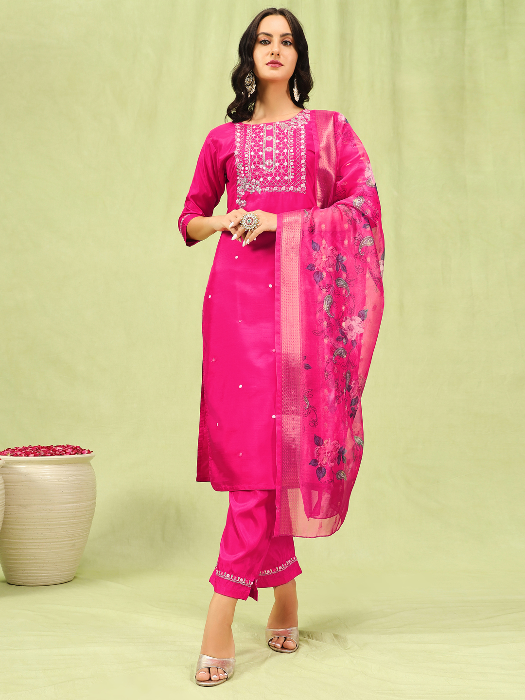 Rani Pink Silk Blend Embroidered Readymade Salwar