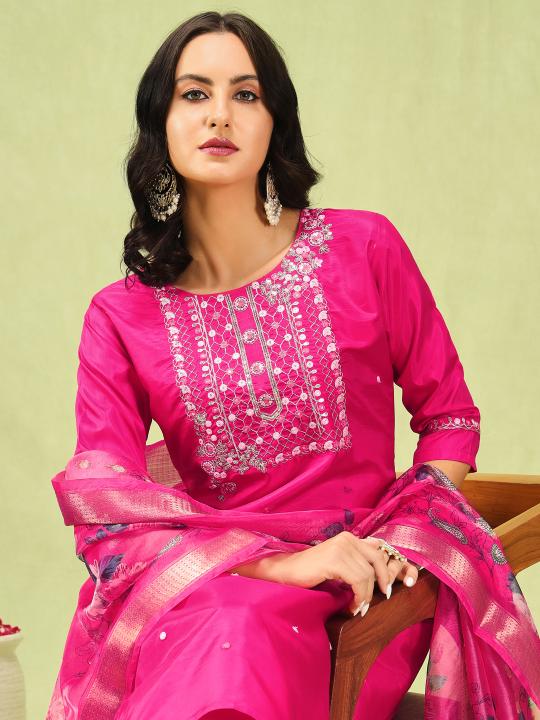 Rani Pink Silk Blend Embroidered Readymade Salwar