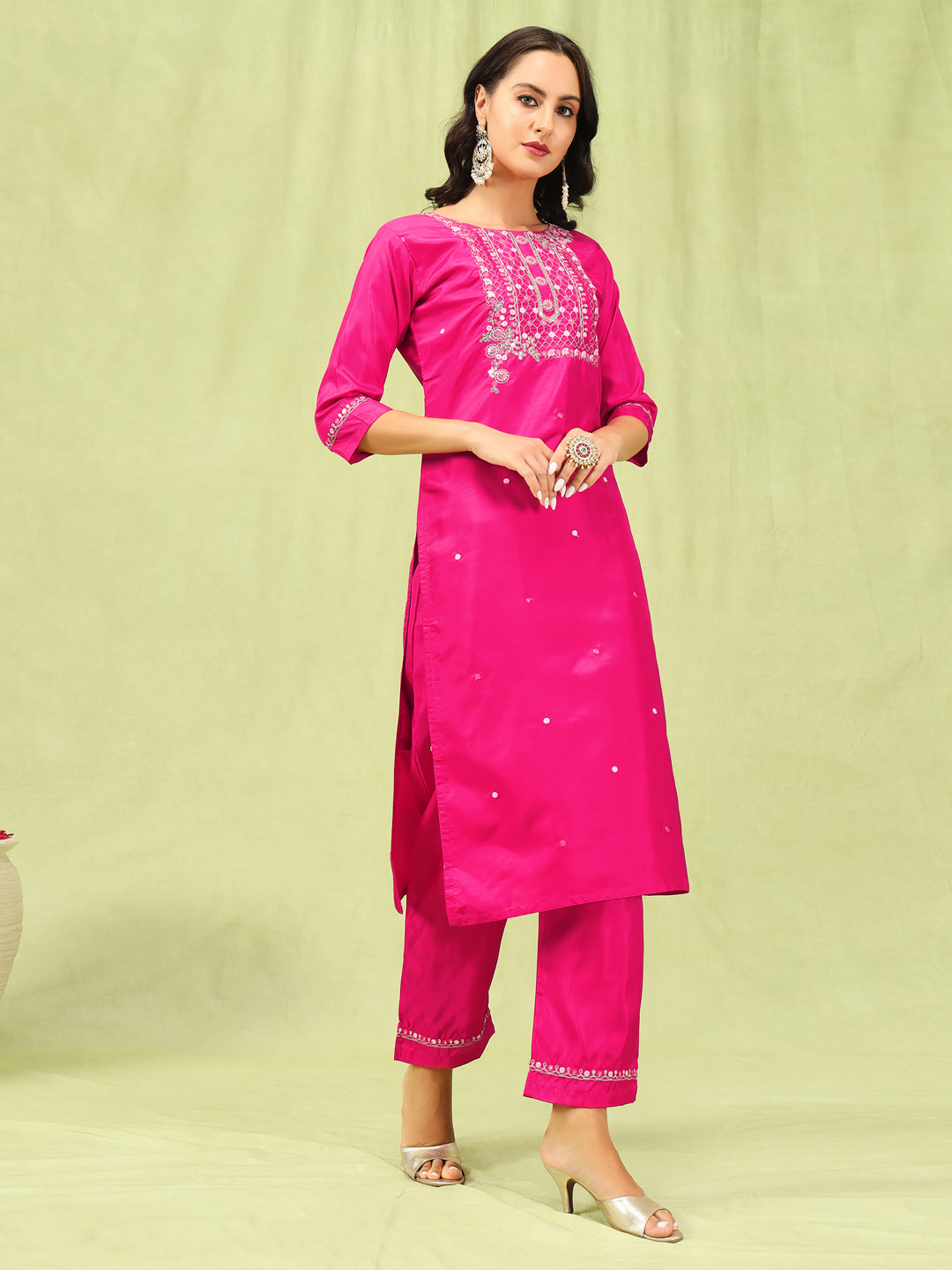 Rani Pink Silk Blend Embroidered Readymade Salwar