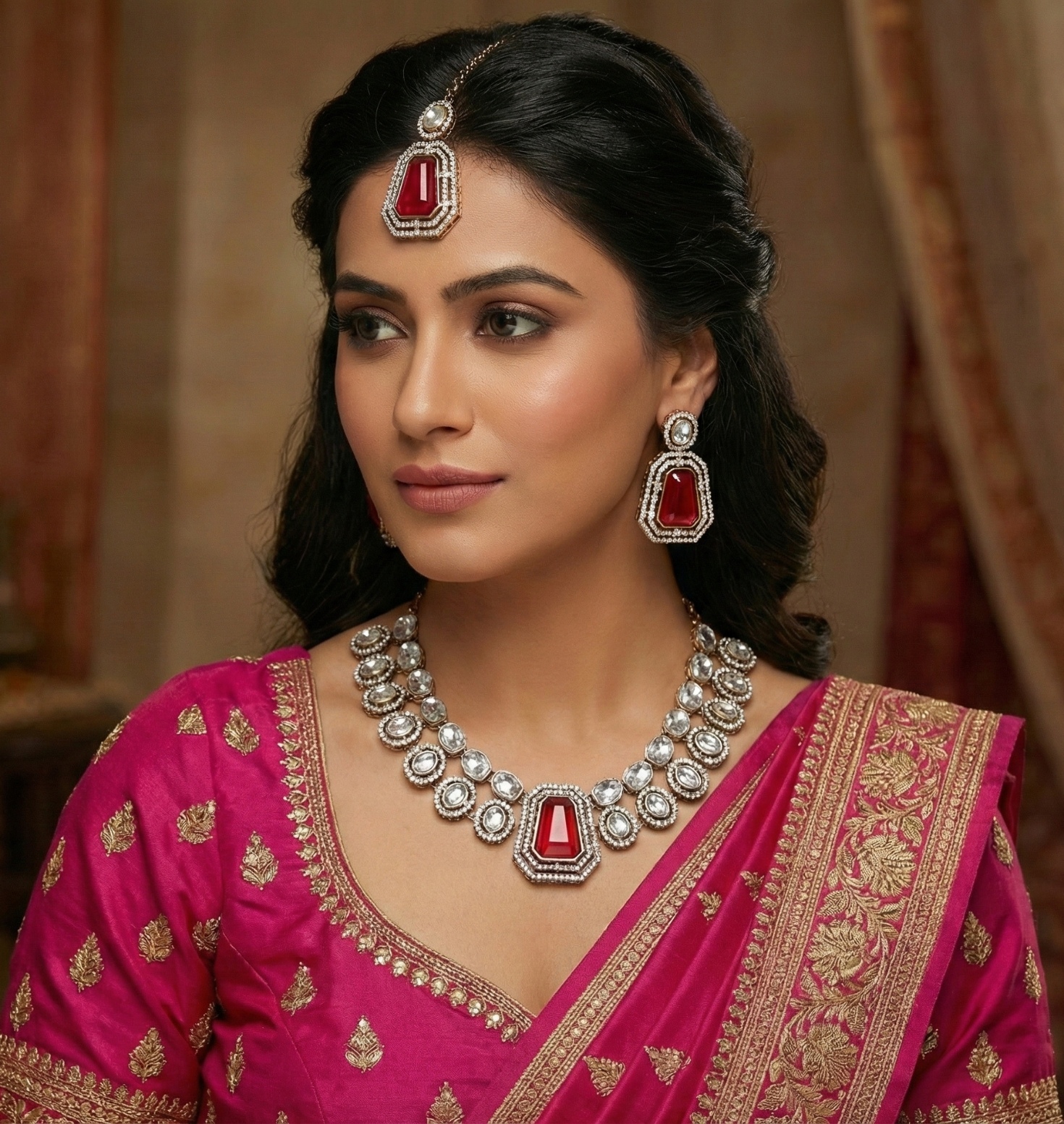 Rani Pink Weave Stone Alloy Bridal Necklace