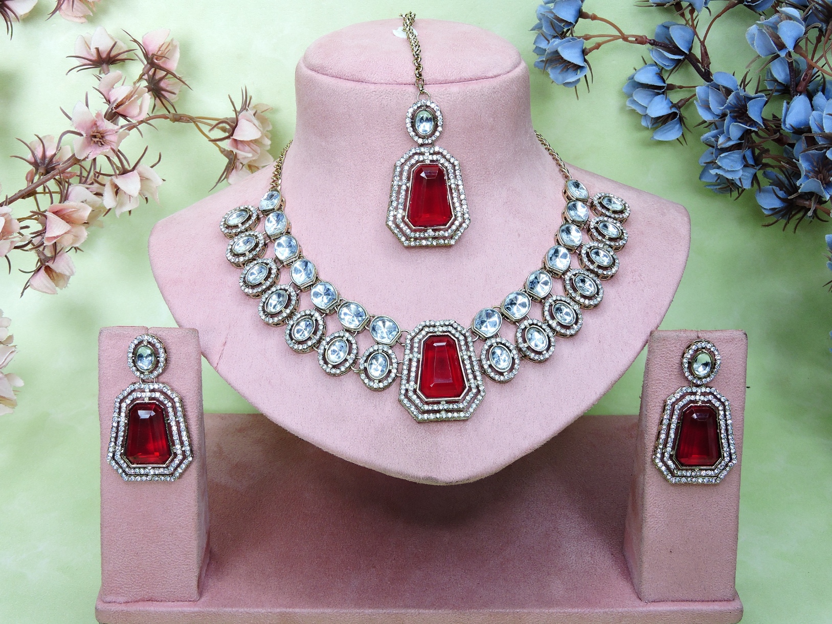 Rani Pink Weave Stone Alloy Bridal Necklace — alternate view