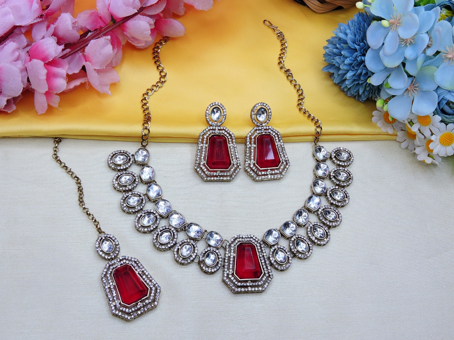 Rani Pink Weave Stone Alloy Bridal Necklace