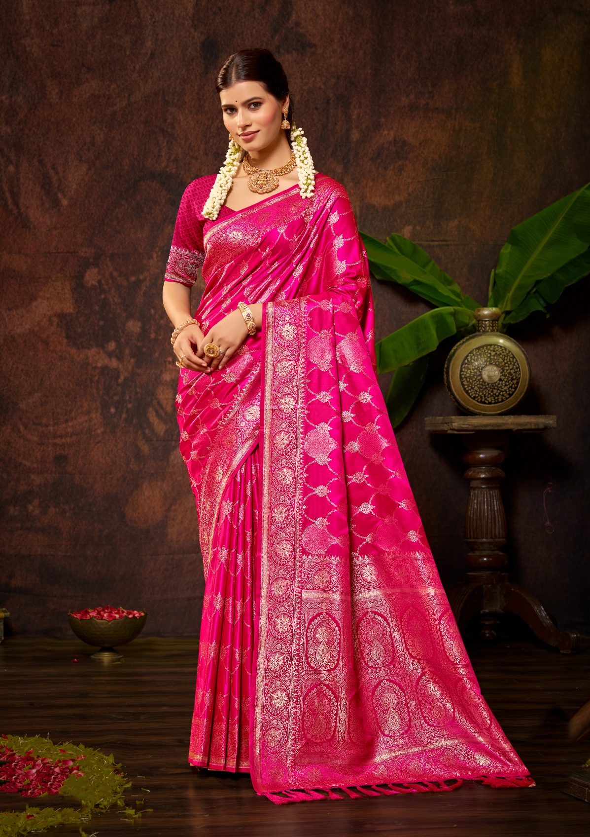 Rani Pink Woven Designer Satin Silk Saree