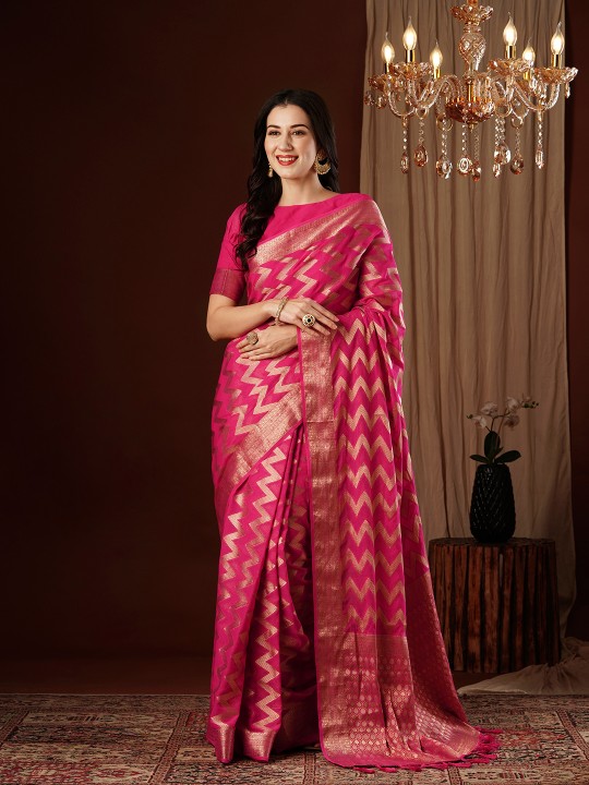 Rani Pink Zigzag Zari Woven Georgette Saree