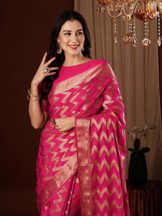 Rani Pink Zigzag Zari Woven Georgette Saree