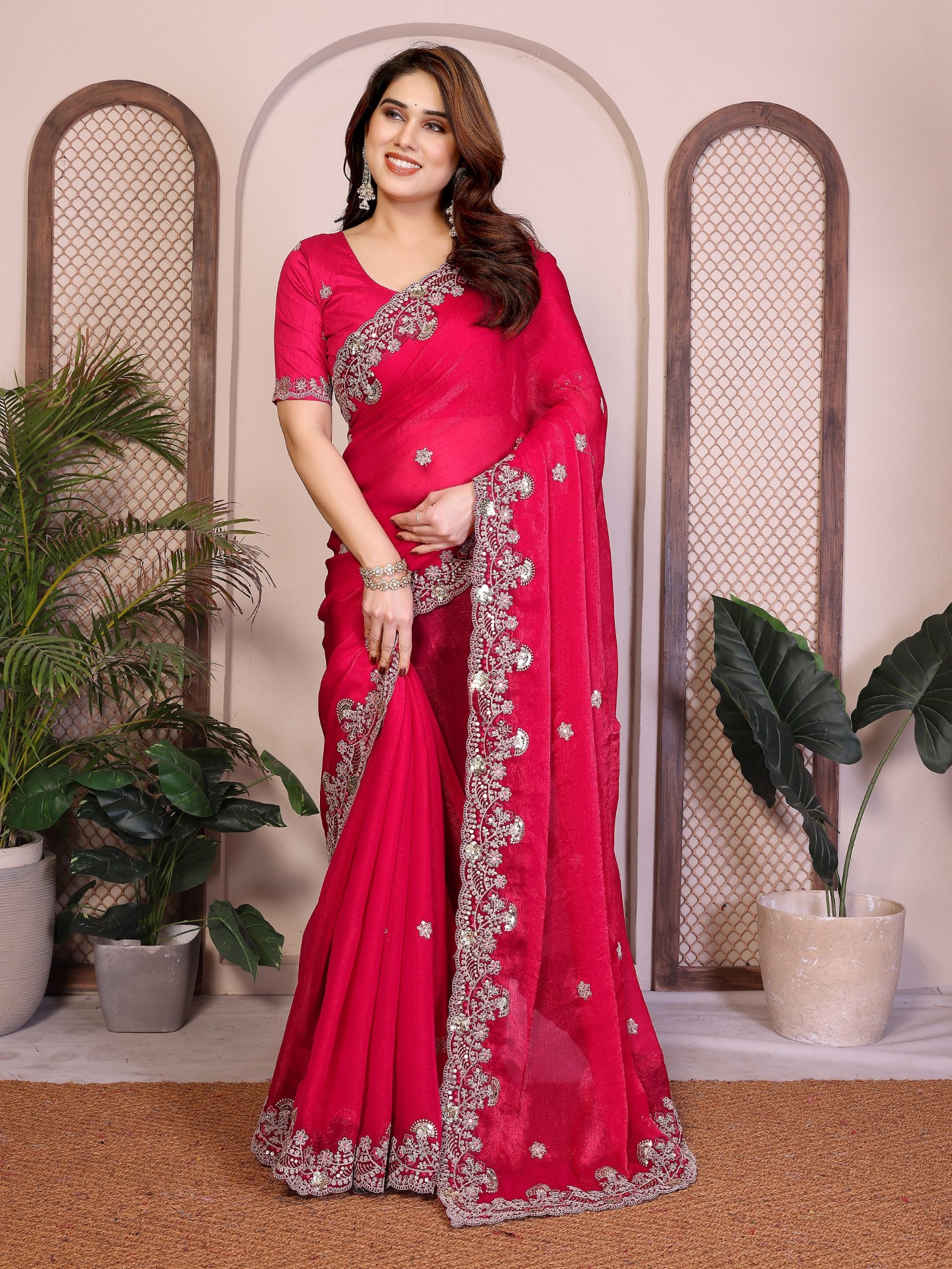 Rani Red Embroidered Fendy Saree