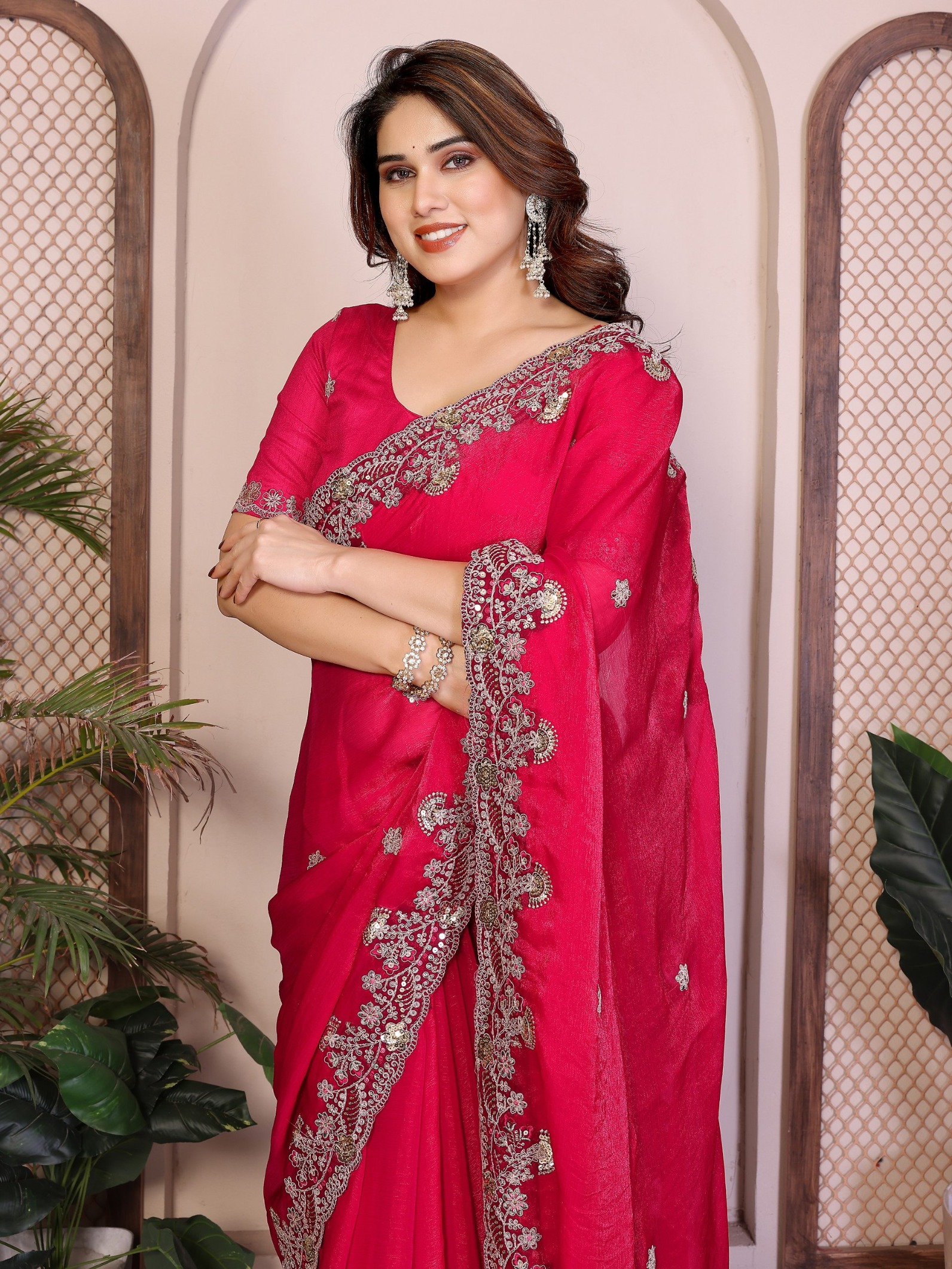 Rani Red Embroidered Fendy Saree — alternate view