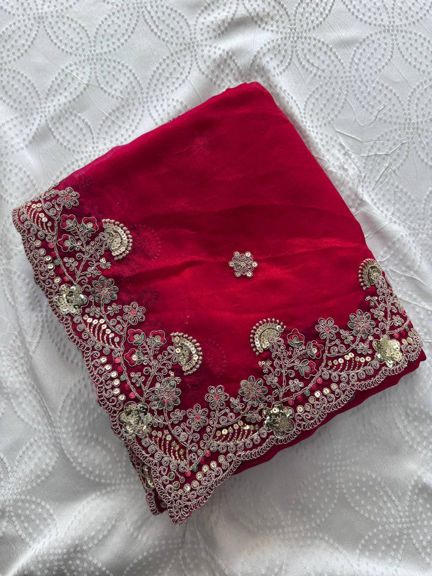 Rani Red Embroidered Fendy Saree