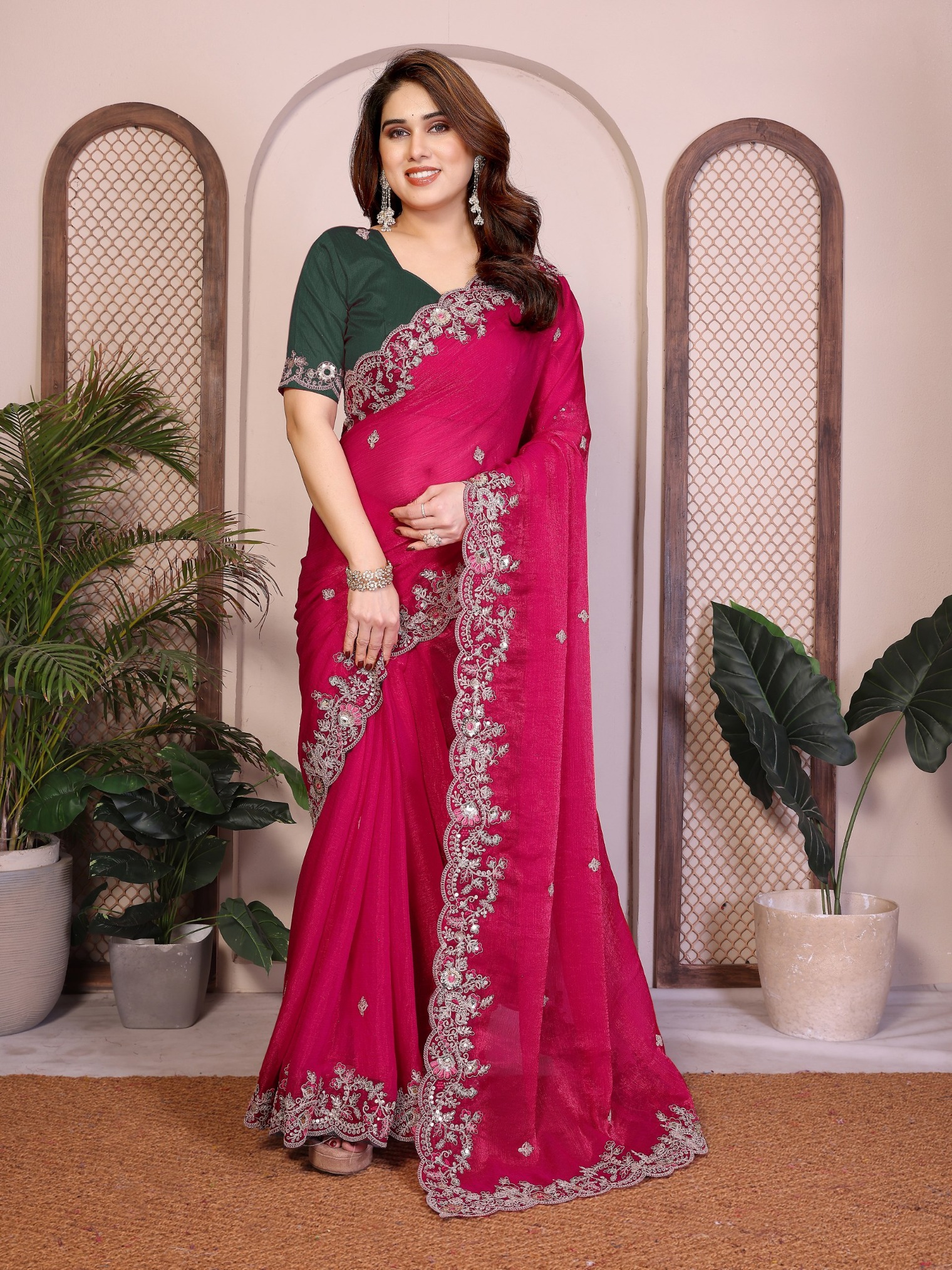 Rani Red Green Embroidered Fendy Saree