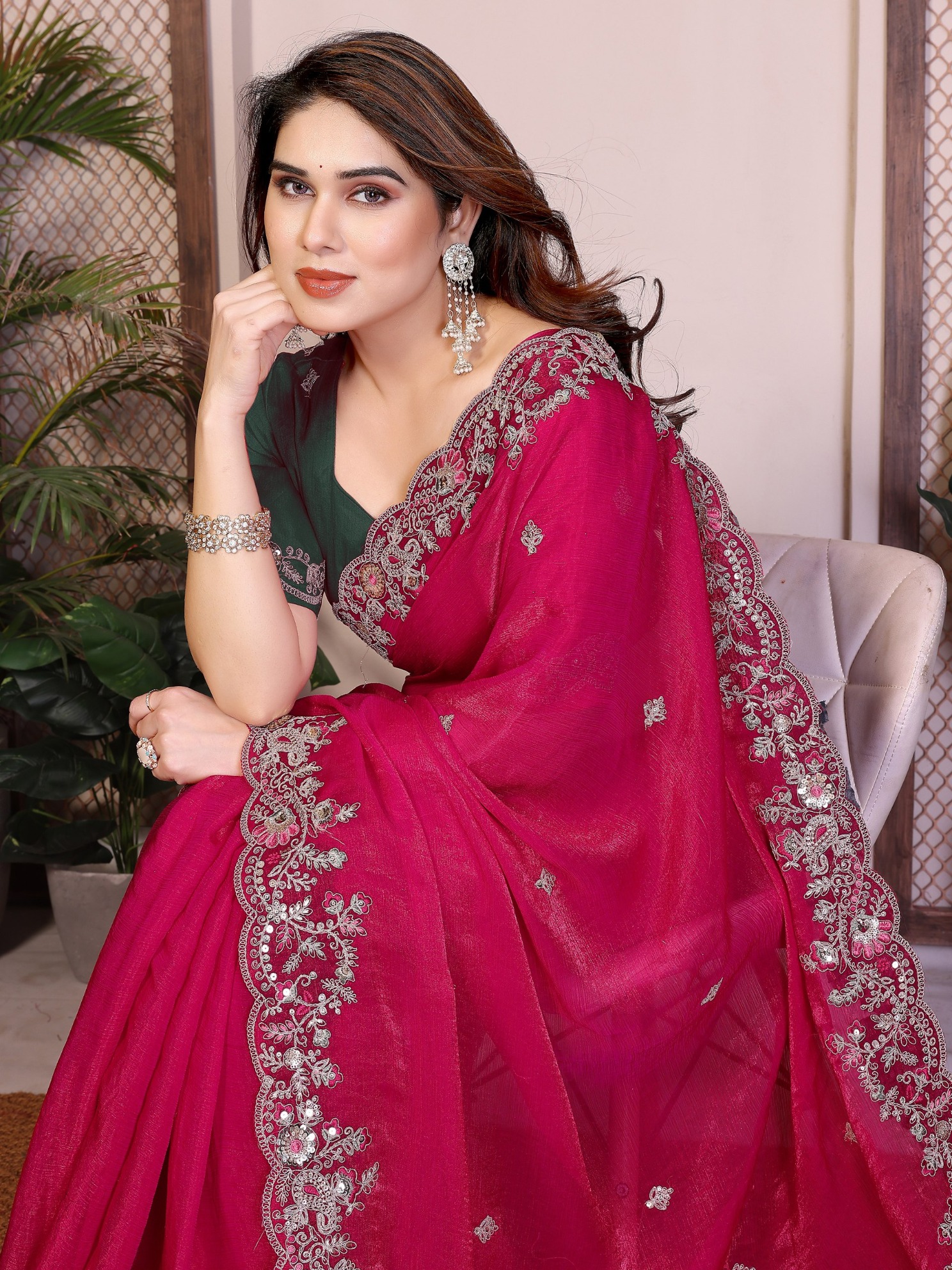 Rani Red Green Embroidered Fendy Saree — alternate view