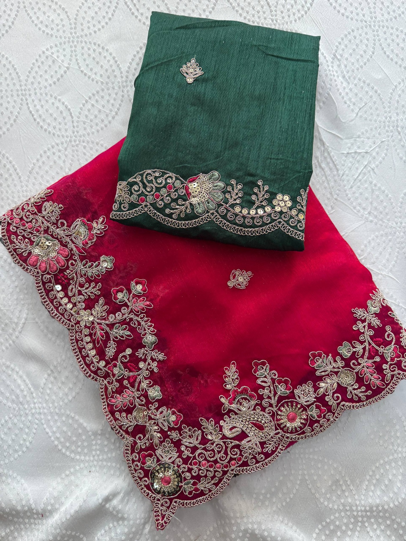 Rani Red Green Embroidered Fendy Saree