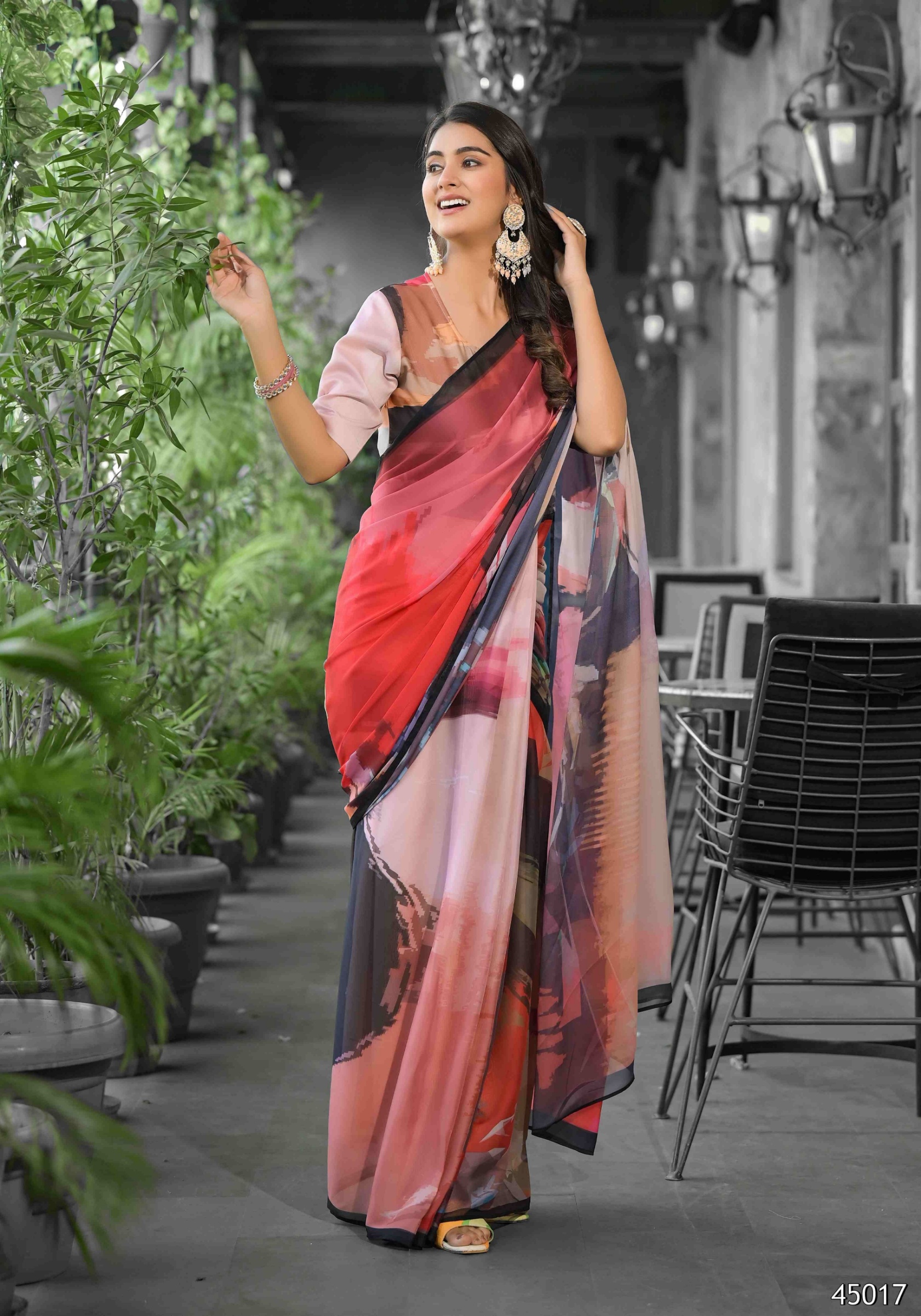 Red Abstract Digital Georgette Saree Gown