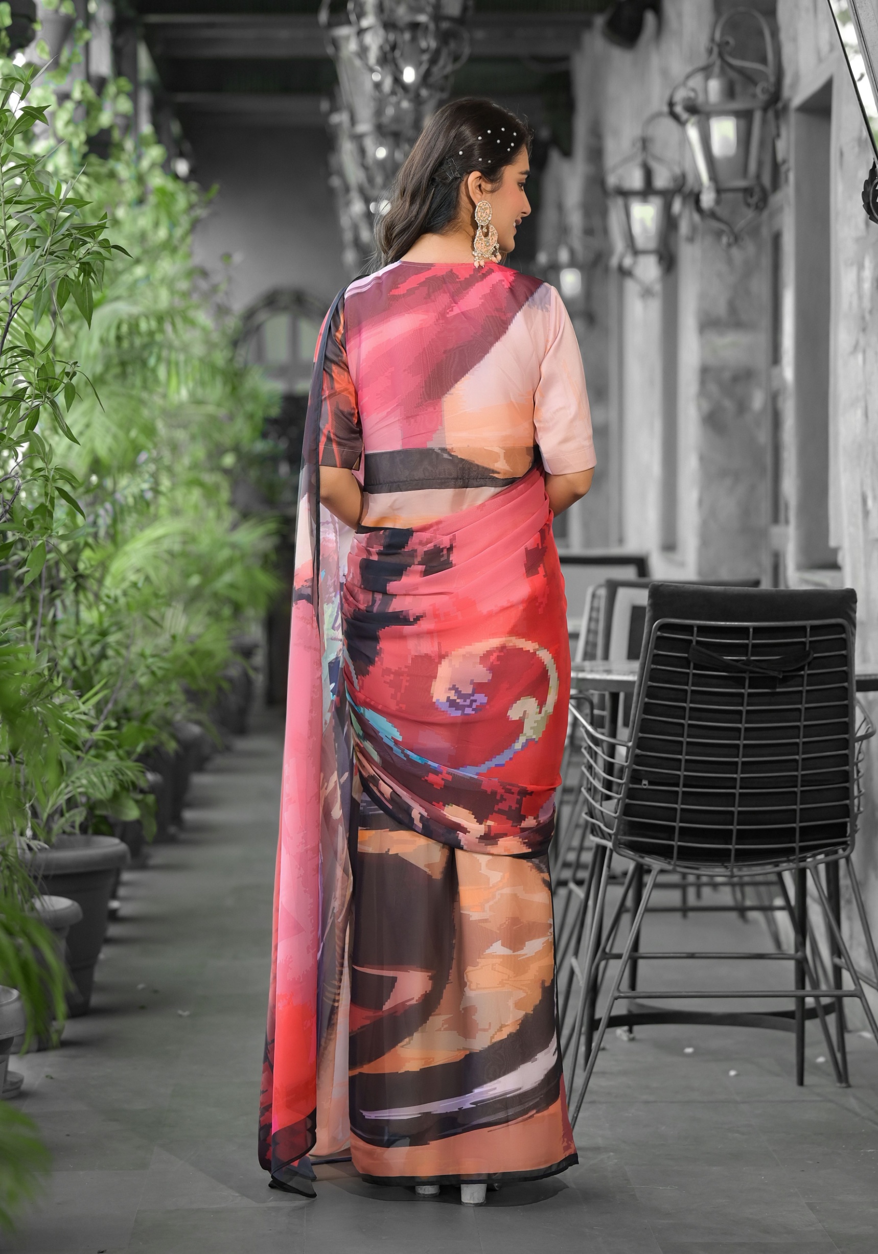 Red Abstract Digital Georgette Saree Gown — alternate view
