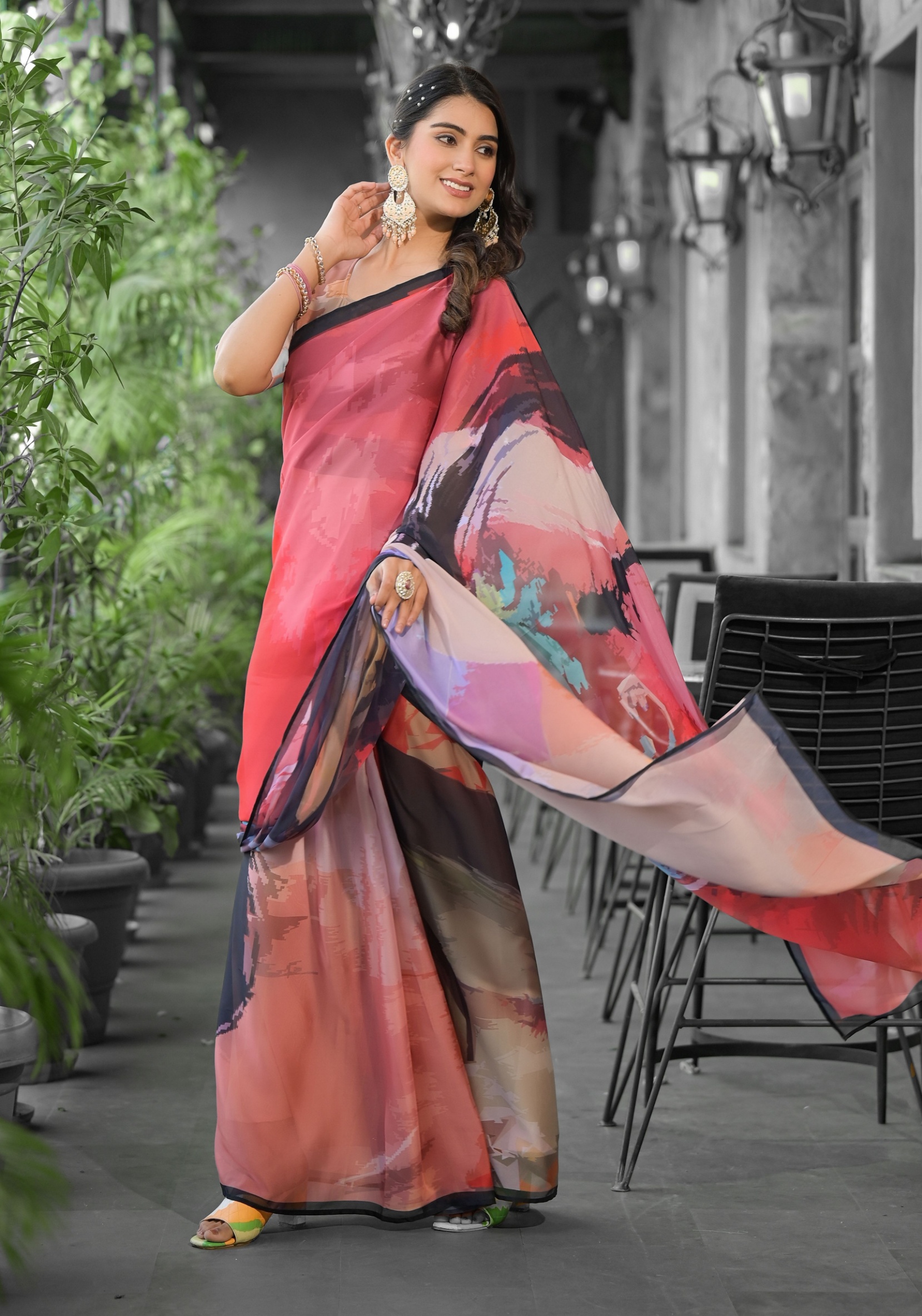 Red Abstract Digital Georgette Saree Gown