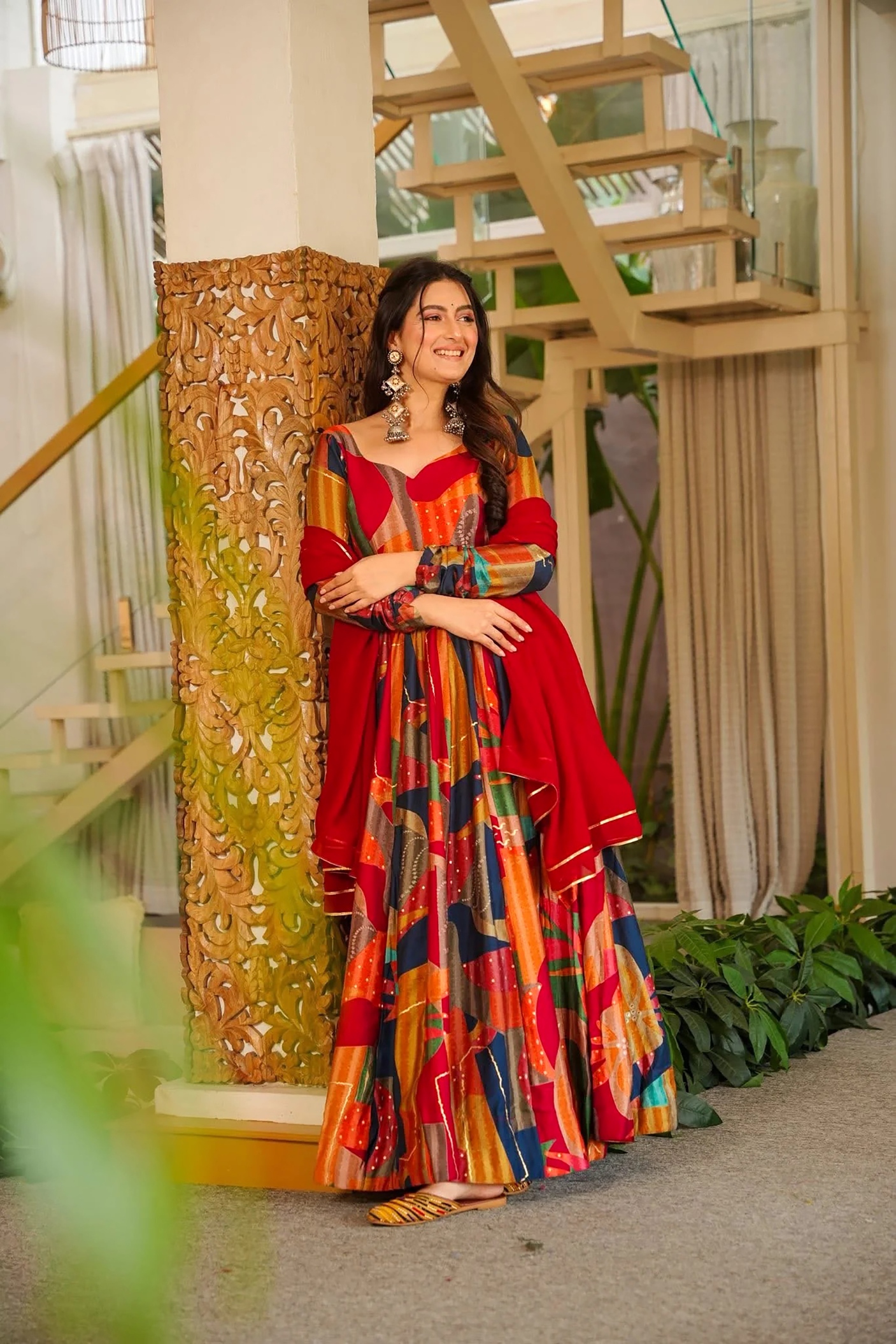 Red Abstract Digital Printed Rayon Gown