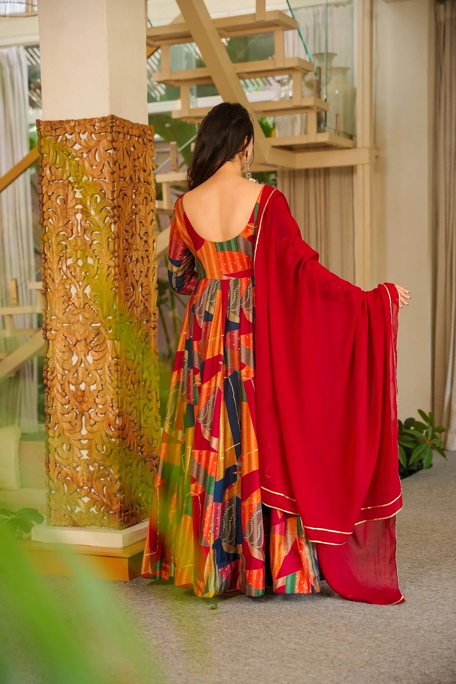 Red Abstract Digital Printed Rayon Gown — alternate view