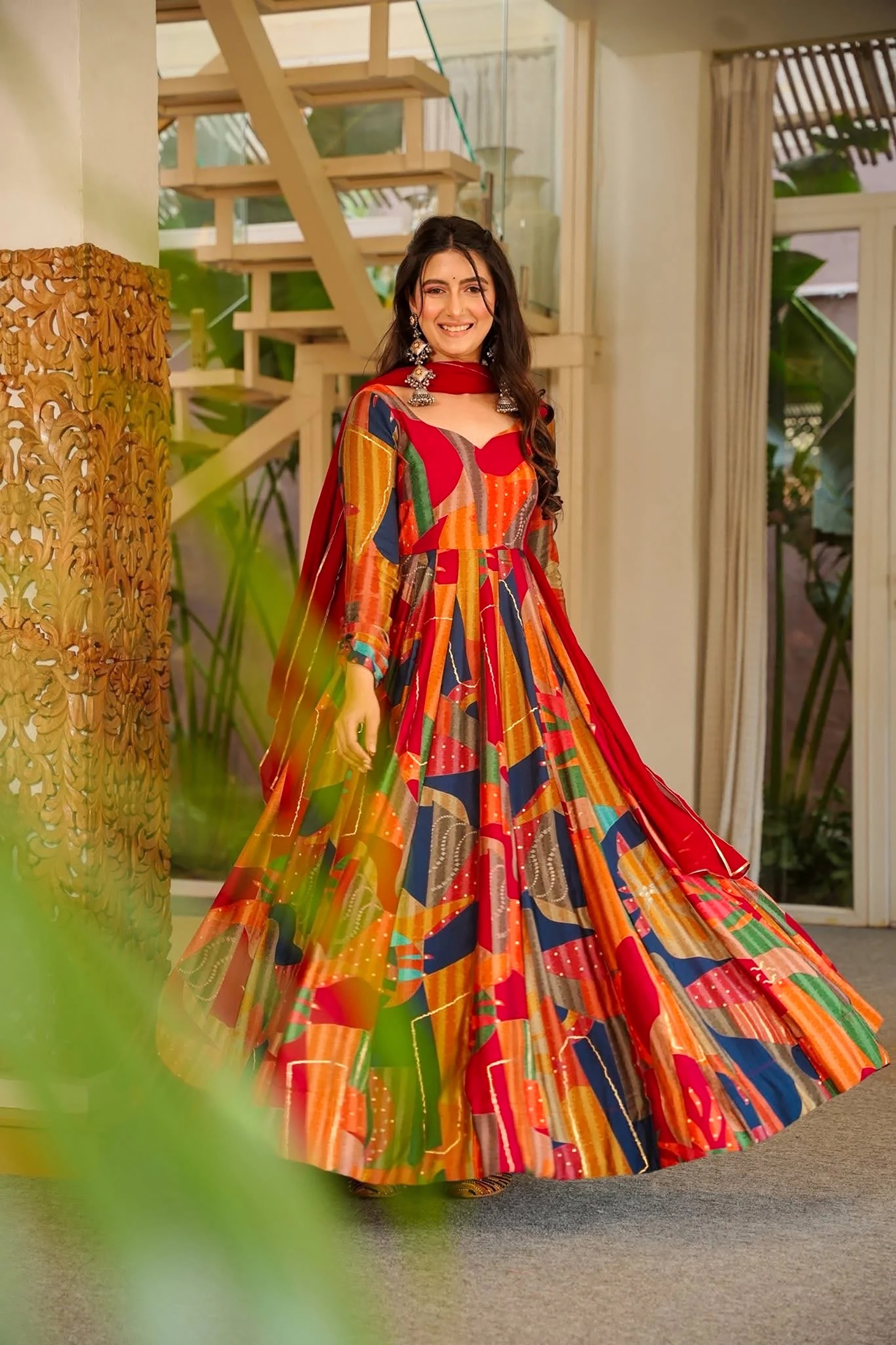 Red Abstract Digital Printed Rayon Gown