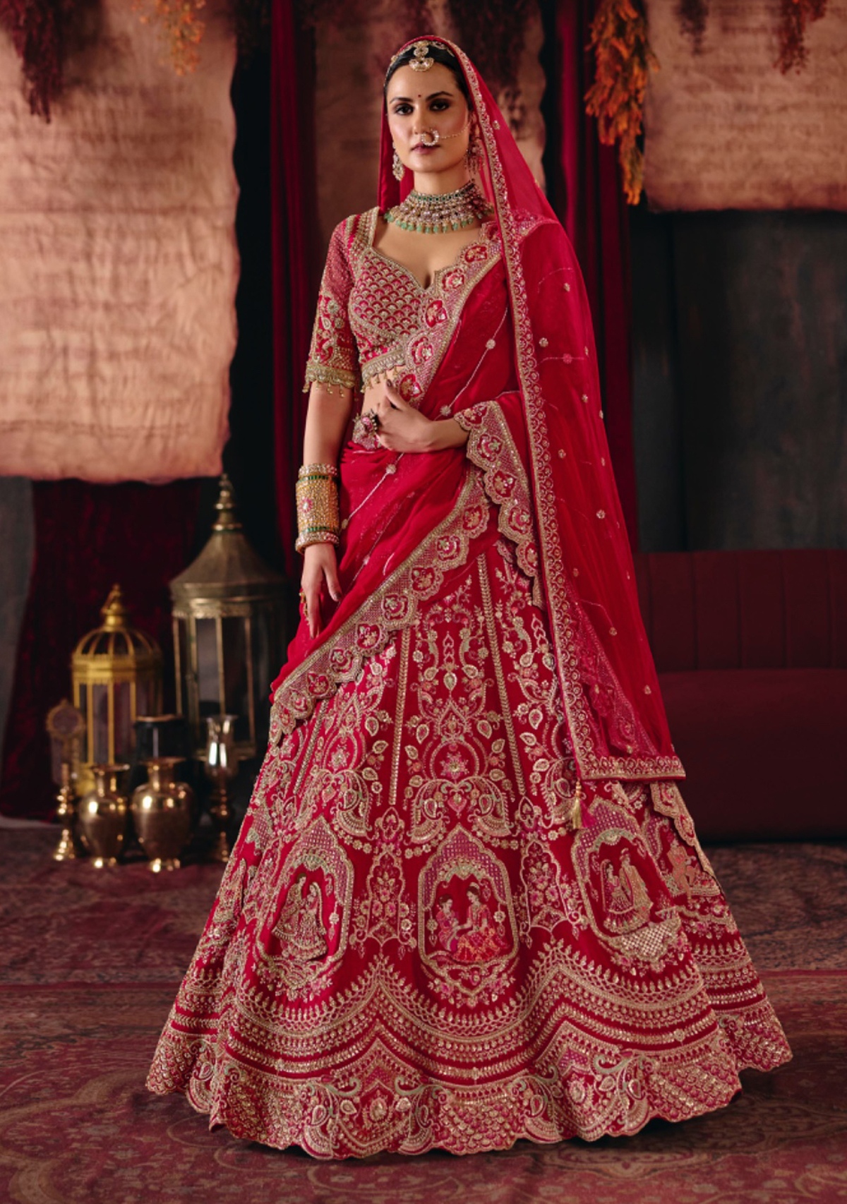 Red Abstract Silk Flared Lehenga Choli