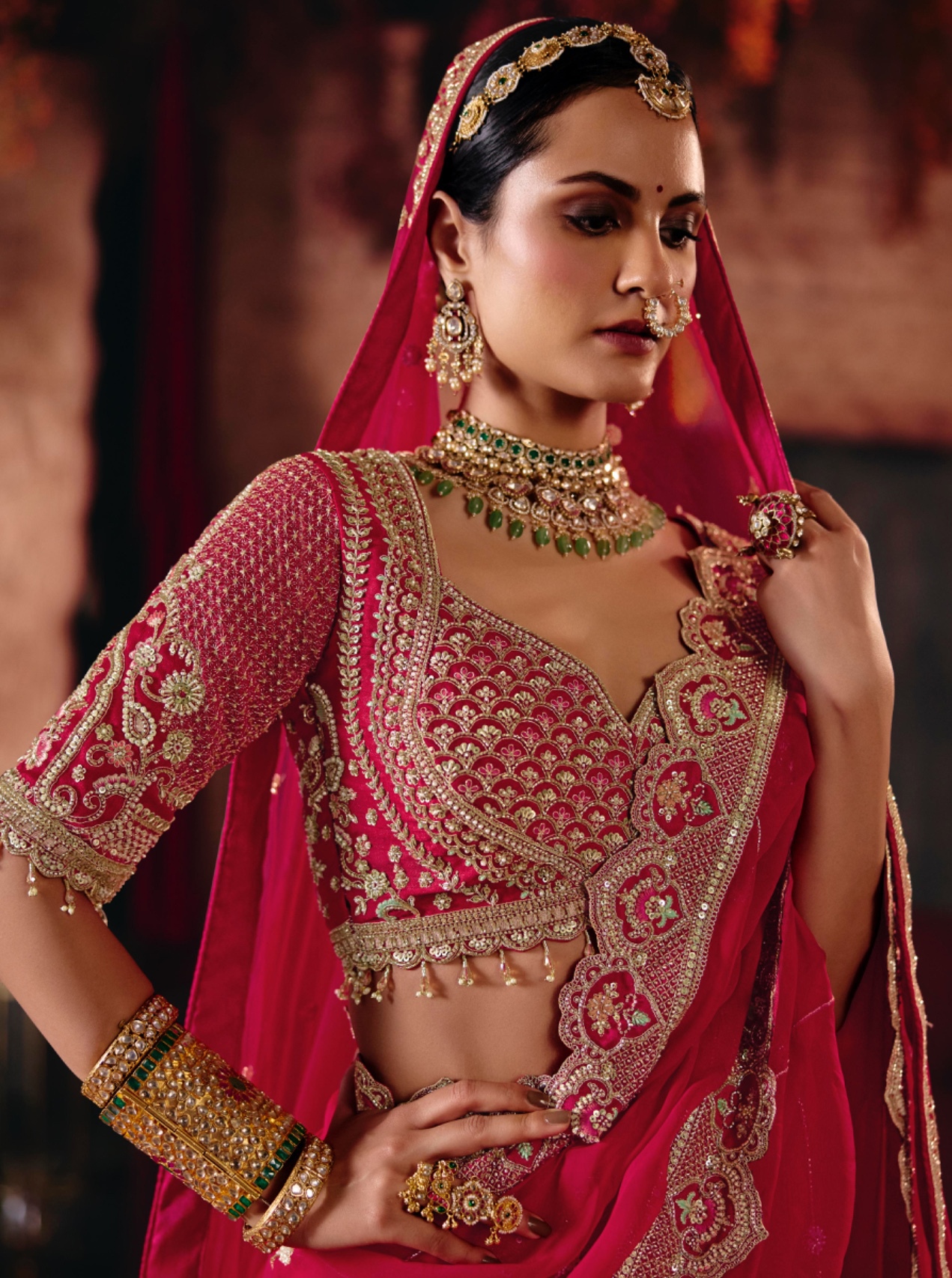 Red Abstract Silk Flared Lehenga Choli