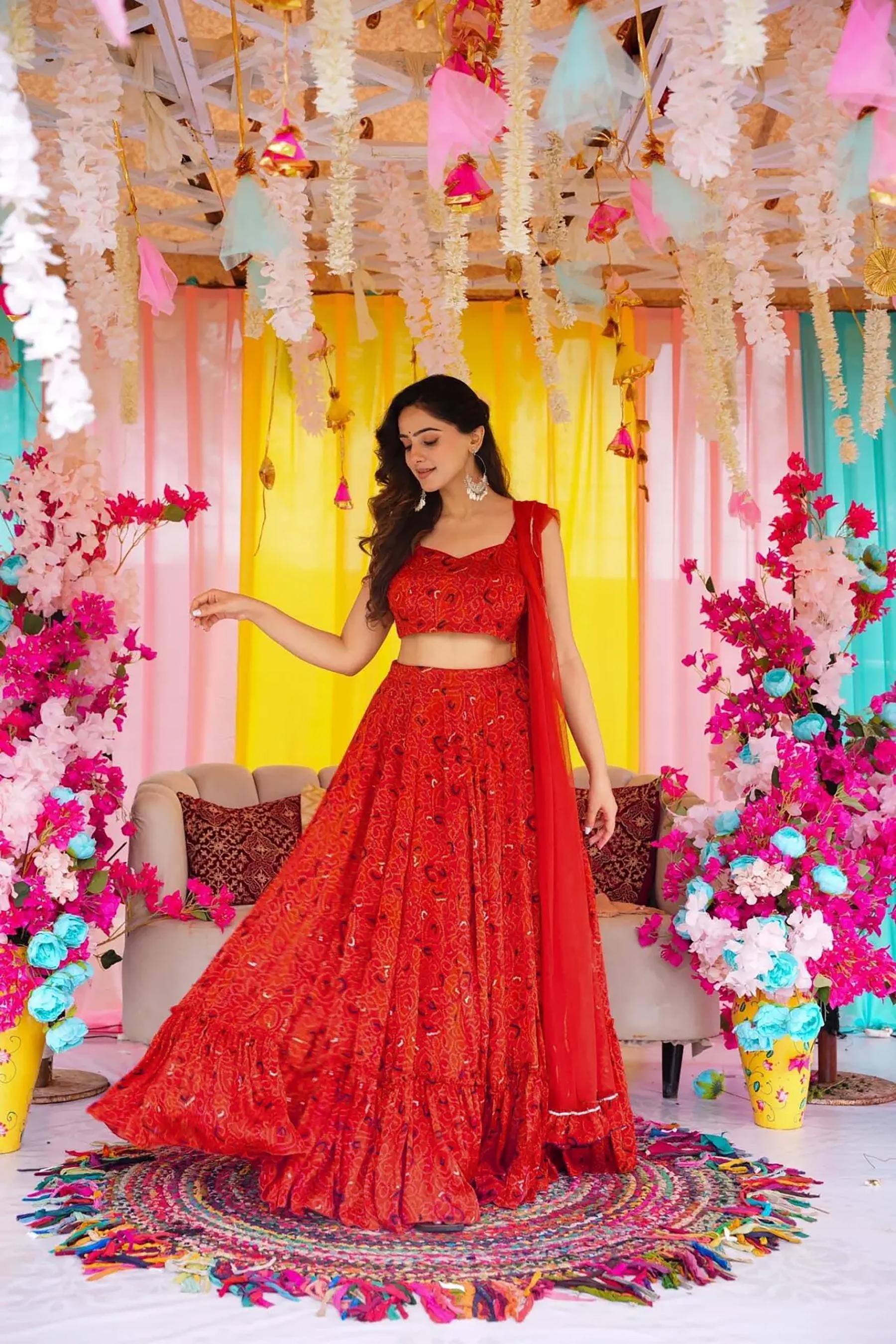 Red Air Tex Chinon Crop Top Lehenga