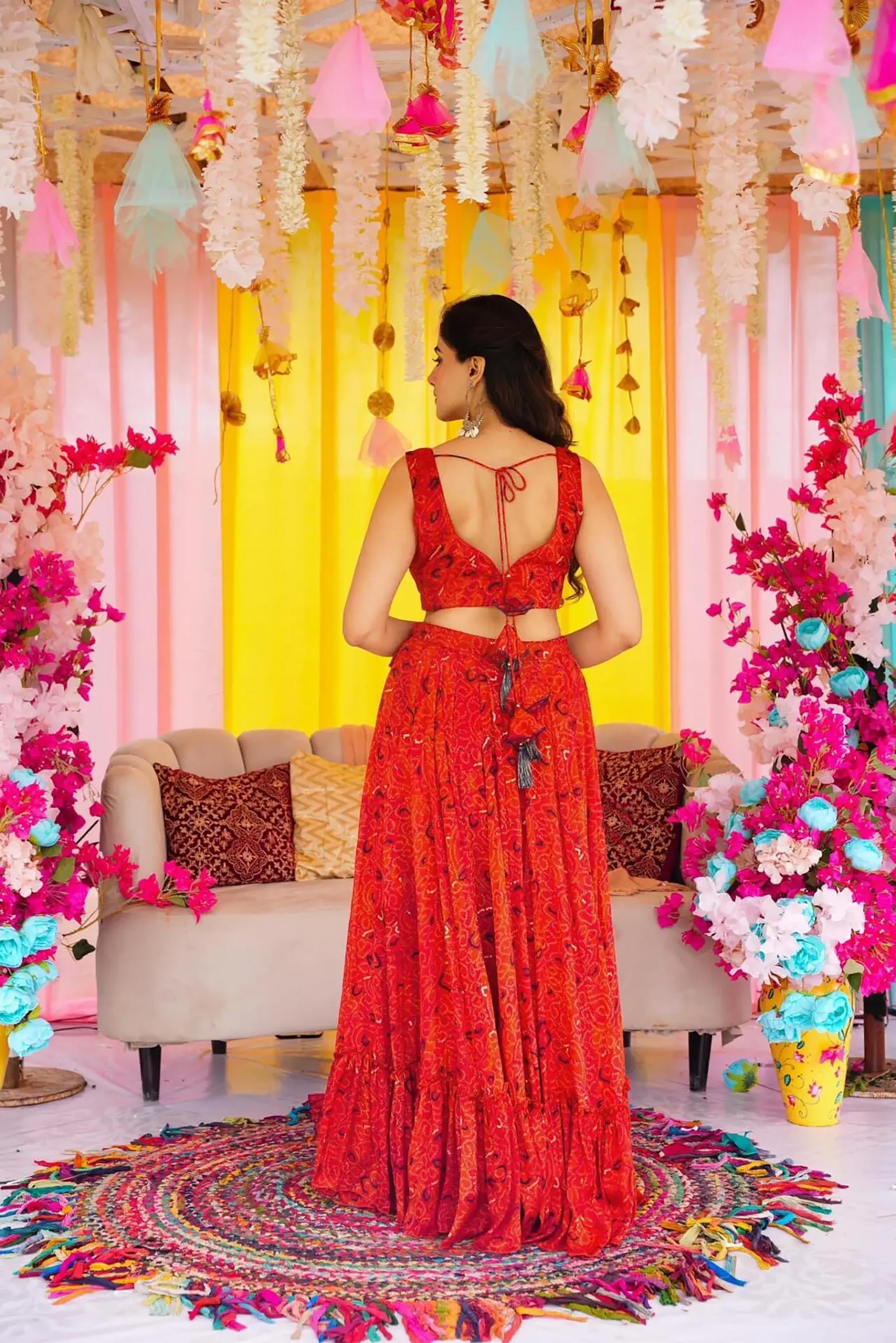 Red Air Tex Chinon Crop Top Lehenga