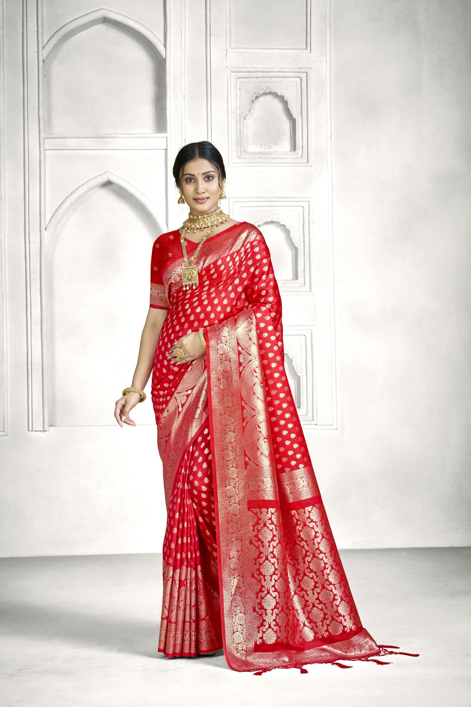 Red Banarasi Silk Saree with Floral Jaal Pallu