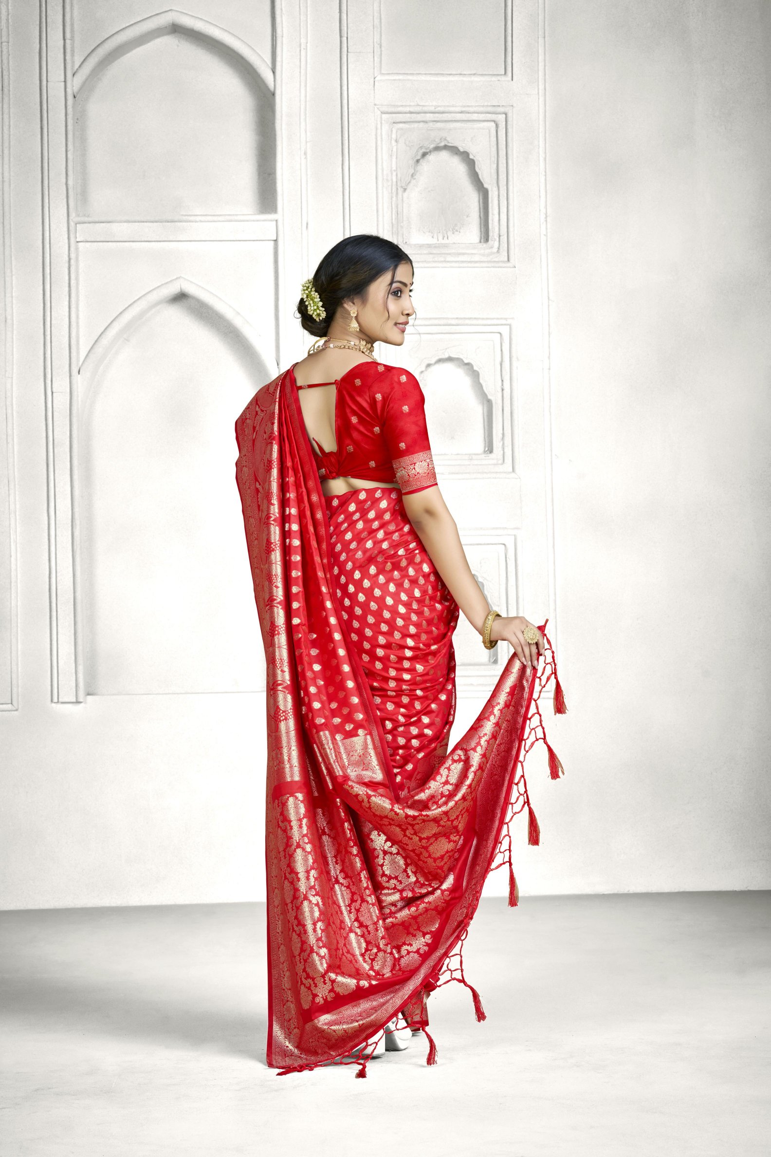 Red Banarasi Silk Saree with Floral Jaal Pallu — alternate view