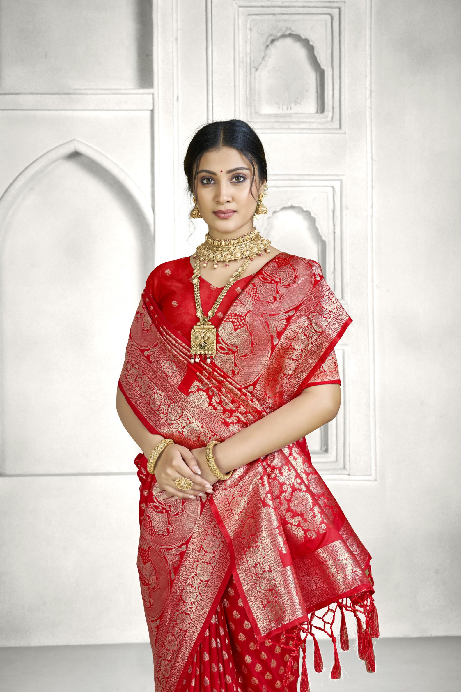 Red Banarasi Silk Saree with Floral Jaal Pallu