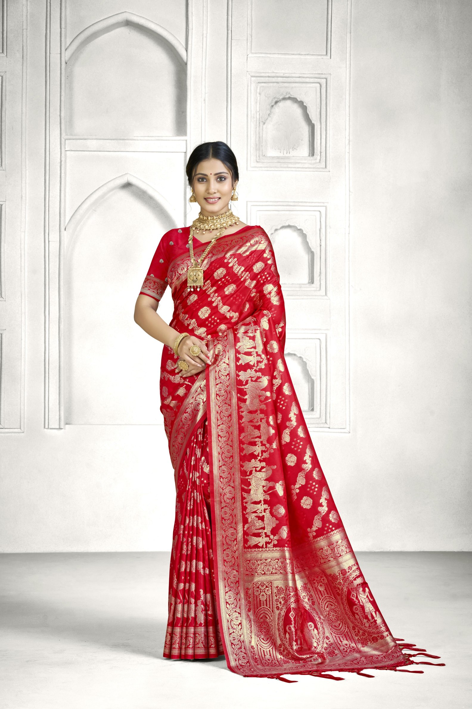 Red Banarasi Silk Saree with Traditional Buta Pallu