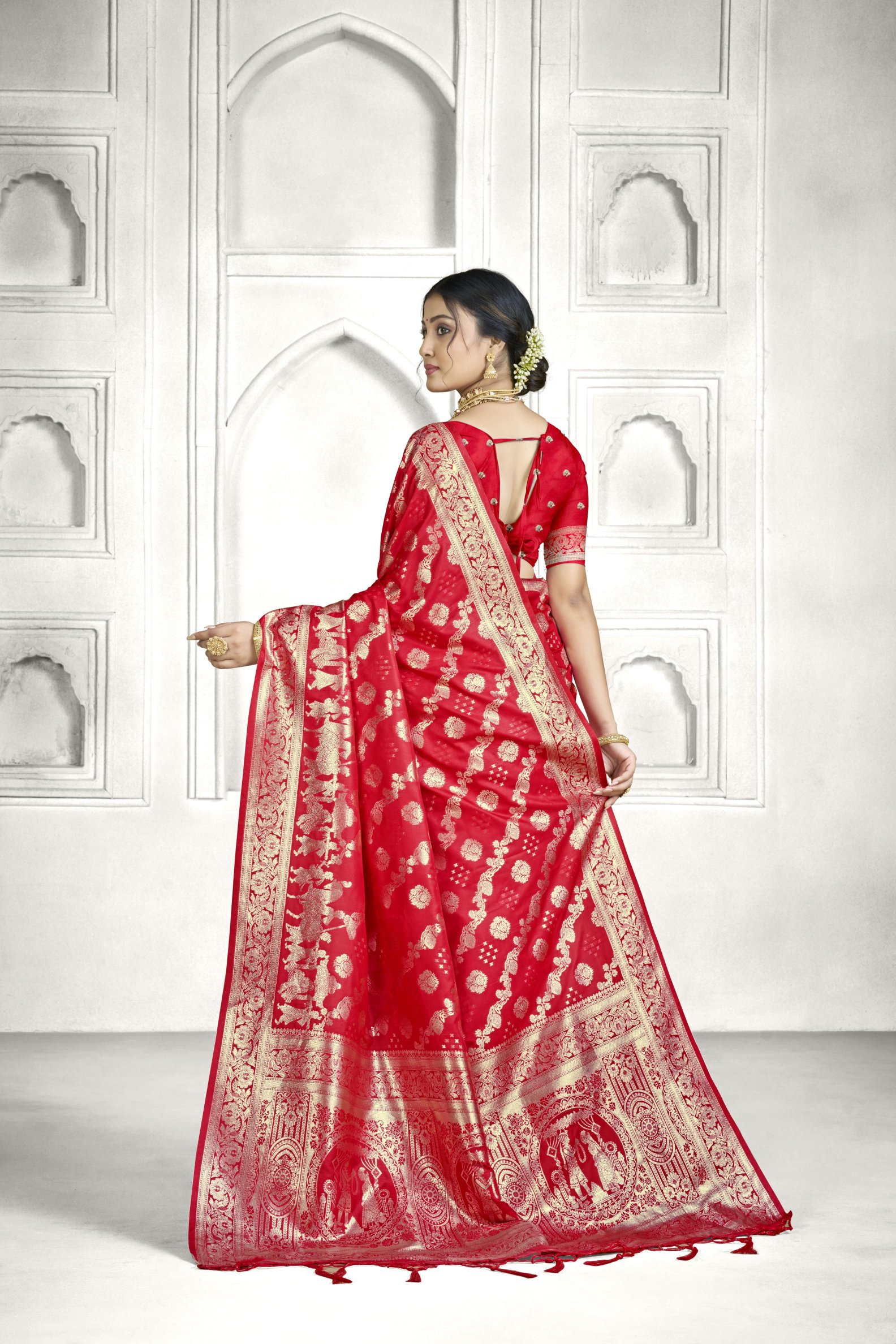 Red Banarasi Silk Saree with Traditional Buta Pallu — alternate view
